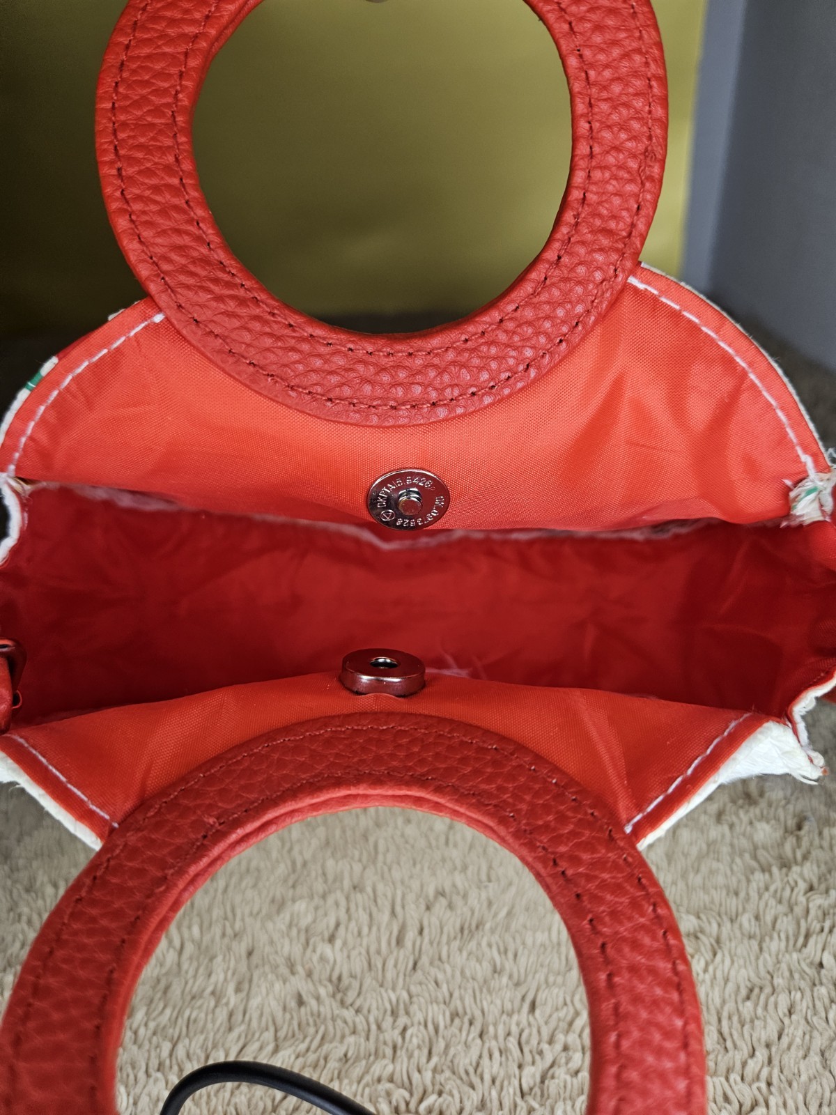 Small Round Cherry Print Crossbody Bag Red Top Handle Detachable Strap Snap