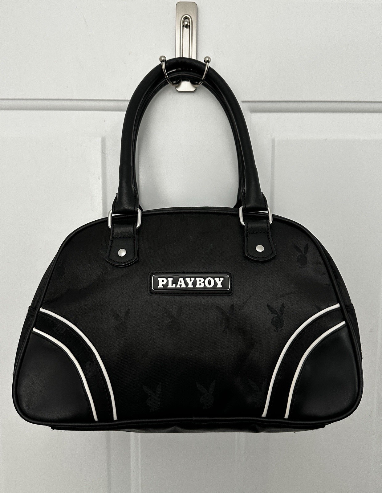 EUC PLAYBOY Black w White Y2K Bowler Bag Ghost Flash Bunny Rabbit Monogram
