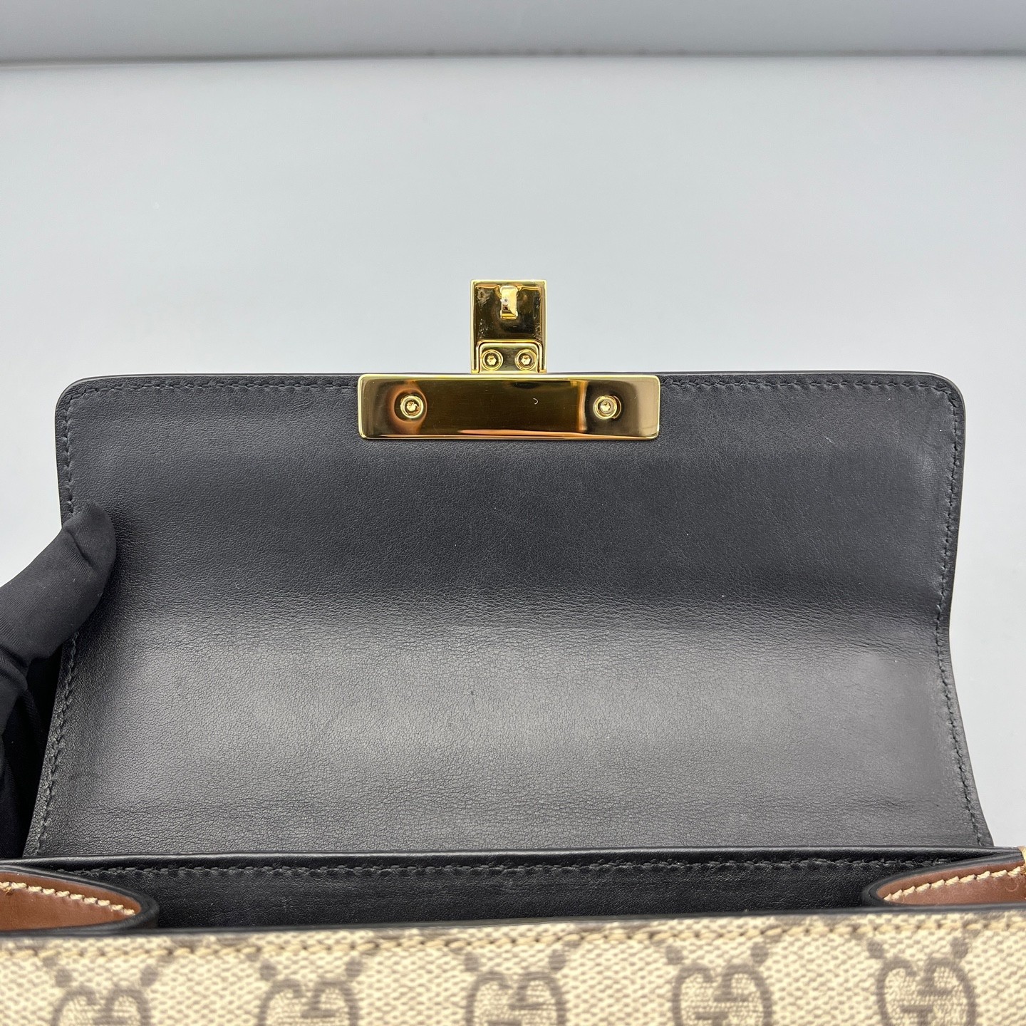 AUTH GUCCI Padlock Small GG Supreme Canvas Black Leather Bag.