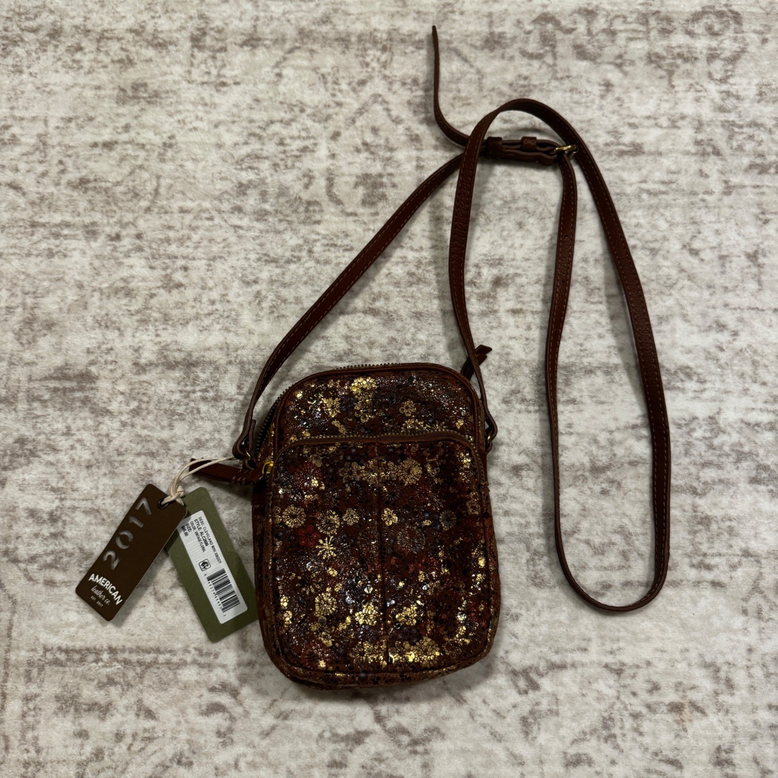 American Leather Co Cleveland Mini Crossbody Vintage Floral Gold NEW