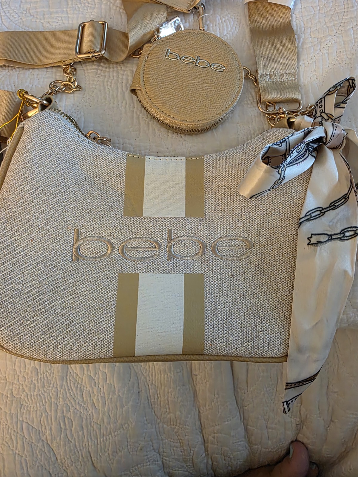 bebe beige logo stripe crossbody bag zip top detachable strap coin purse