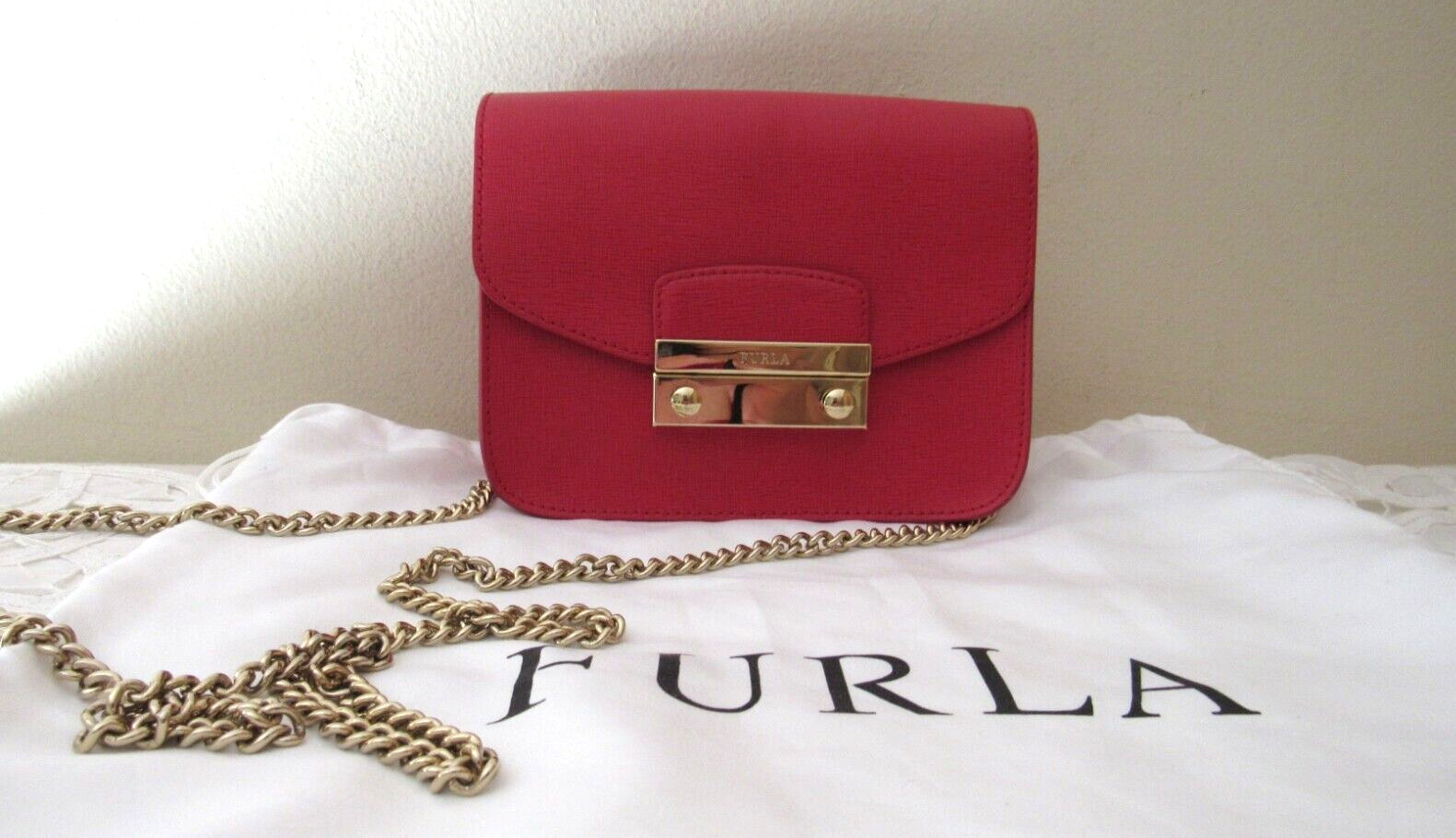 FURLA Red Leather Studded Crossbody Bag Clutch EUC Dust Bag #234381