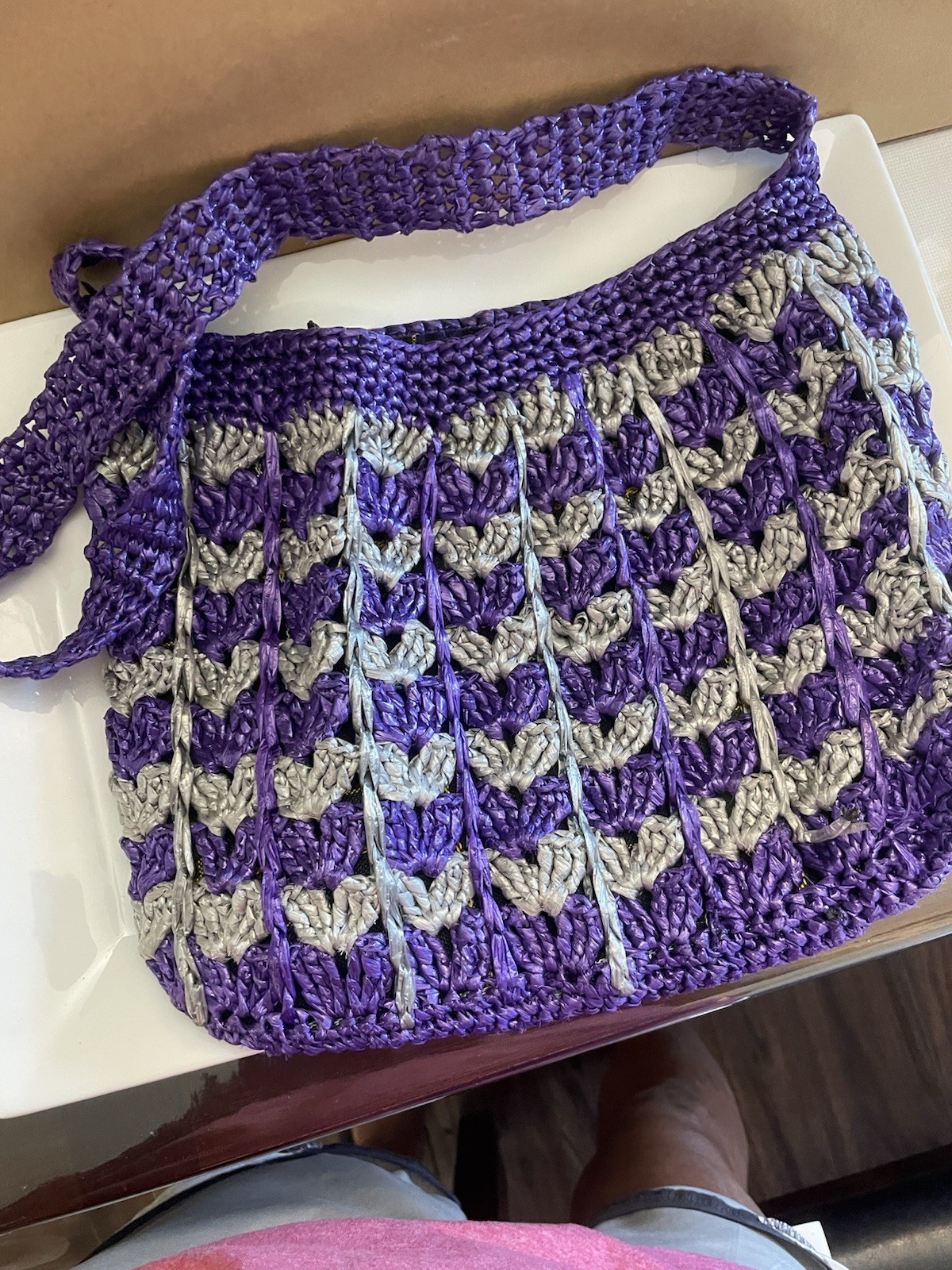 Handmade Purple & Gray Plaid Crochet Shoulder Bag Lined Black Fabric Casual