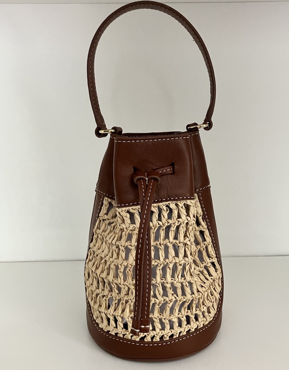 NWT J Crew Drawstring bag in straw and leather in (Brown and Beige)