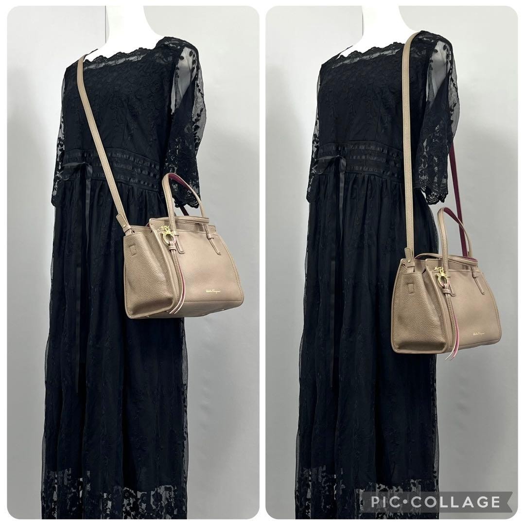 Authentic Salvatore Ferragamo Amy 2Way Leather Shoulder Bag Grey Size 28cm