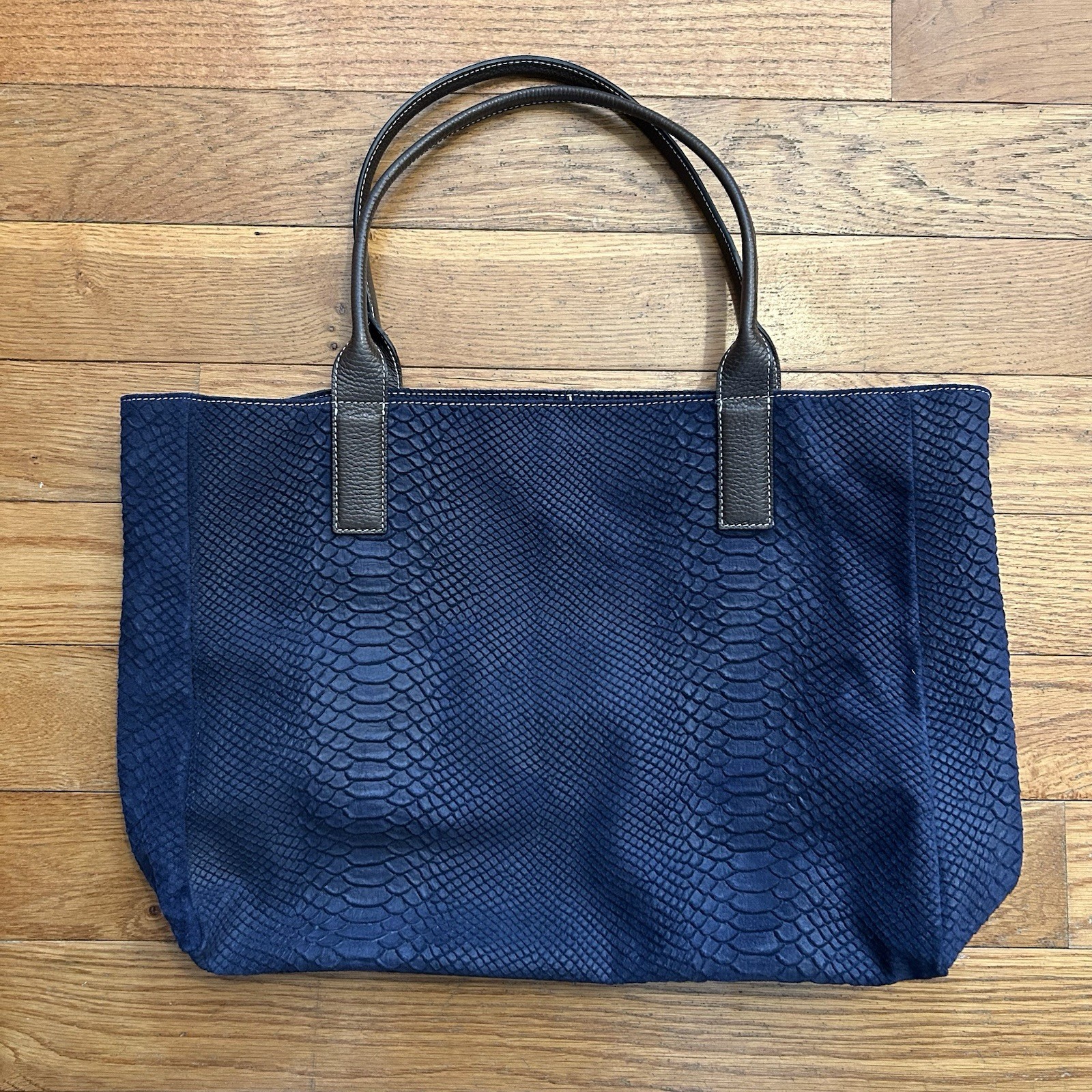 J McLaughlin Blue Suede Leather Snake Skin Texture Tote Shoulder Bag