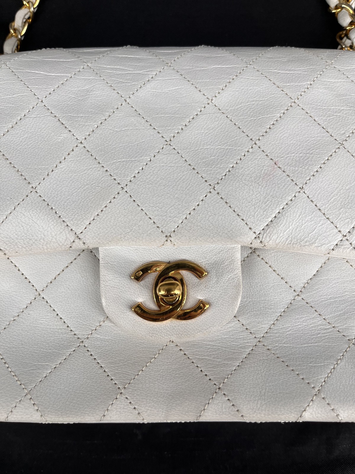 Authentic Chanel Medium Classic Double Flap White Caviar Light Gold HW Bag