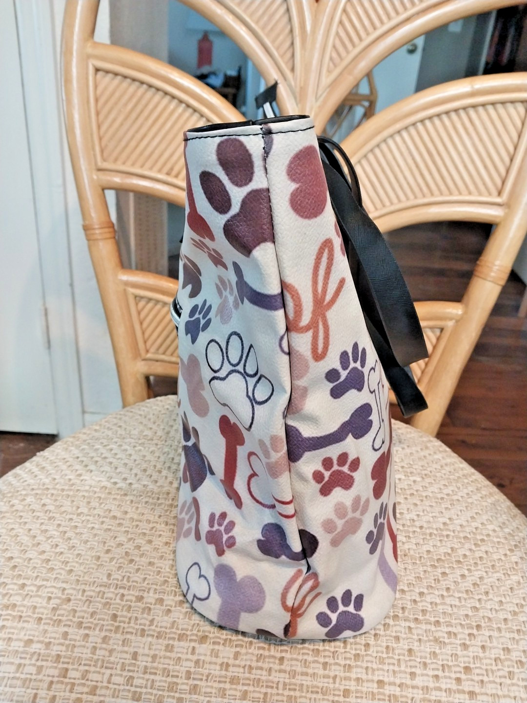 Woof and Bone Paw Print Tote Bag, Adorable for all Doggie Lovers, Cream and Tan
