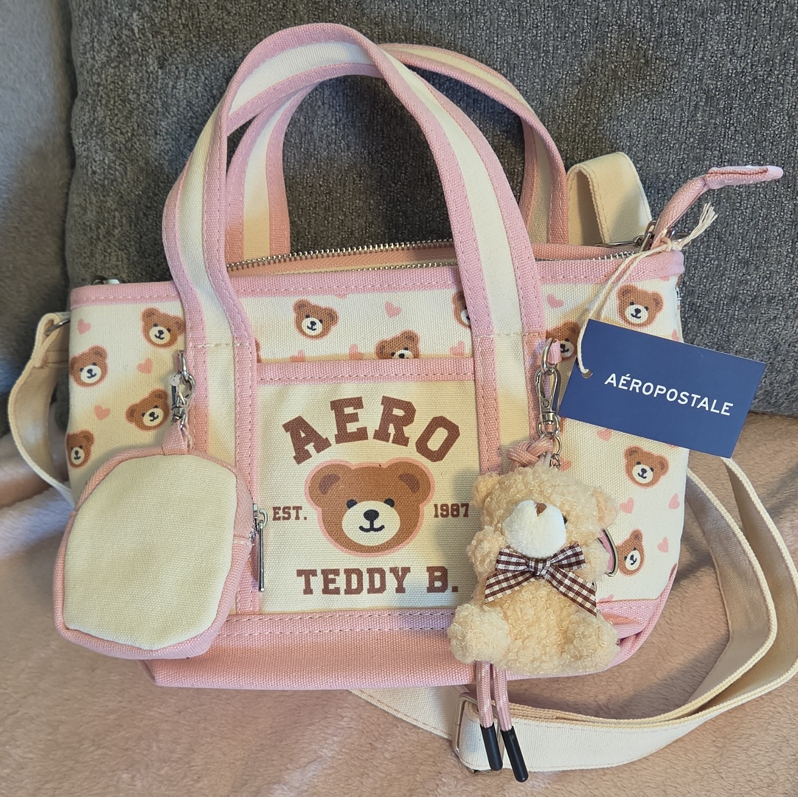Aéropostale Teddy Bear Animal Print Pink Zip Crossbody Satchel Bag Charm