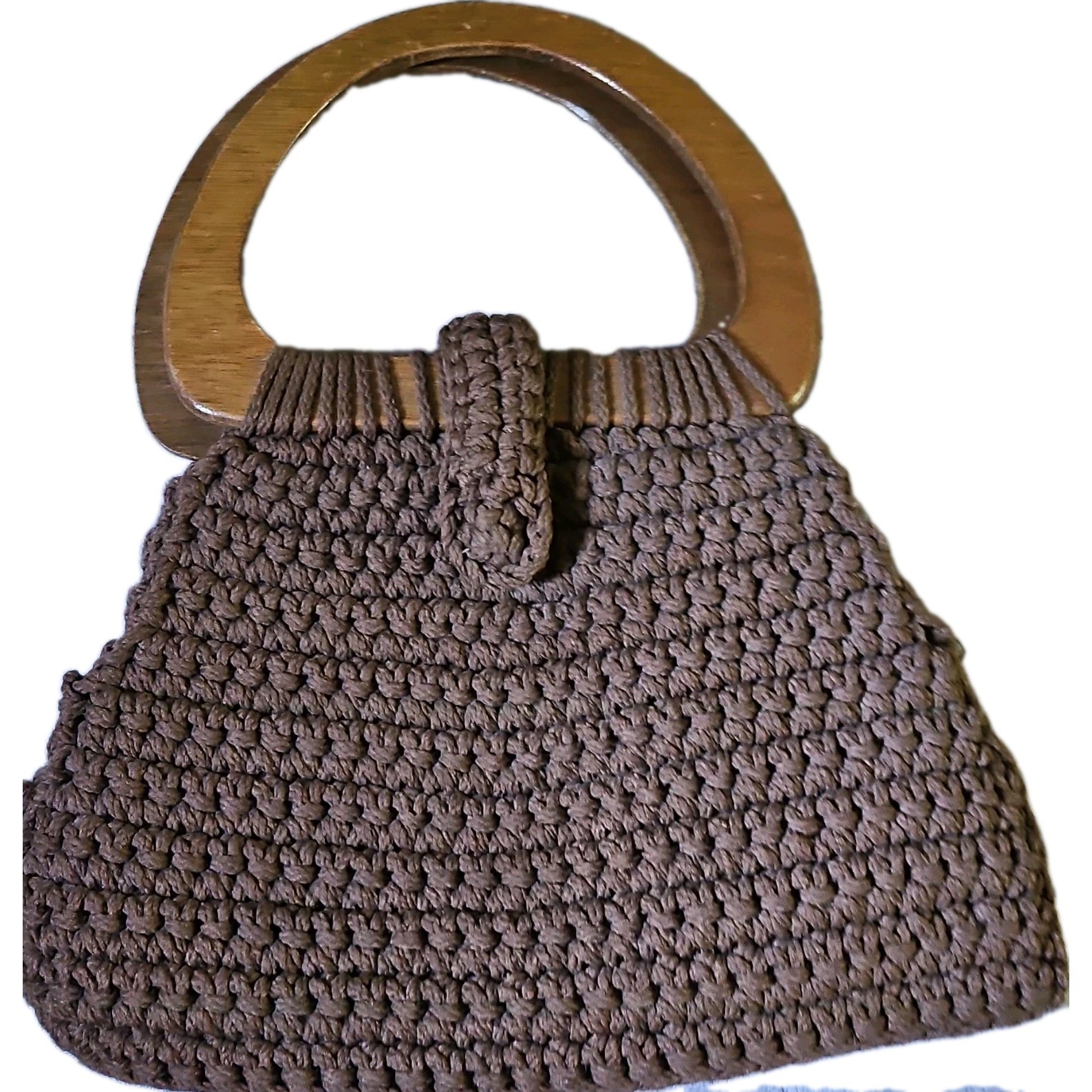 Brown Crochet Women’s Top Handle Bag Wooden Handles Floral Lined Casual