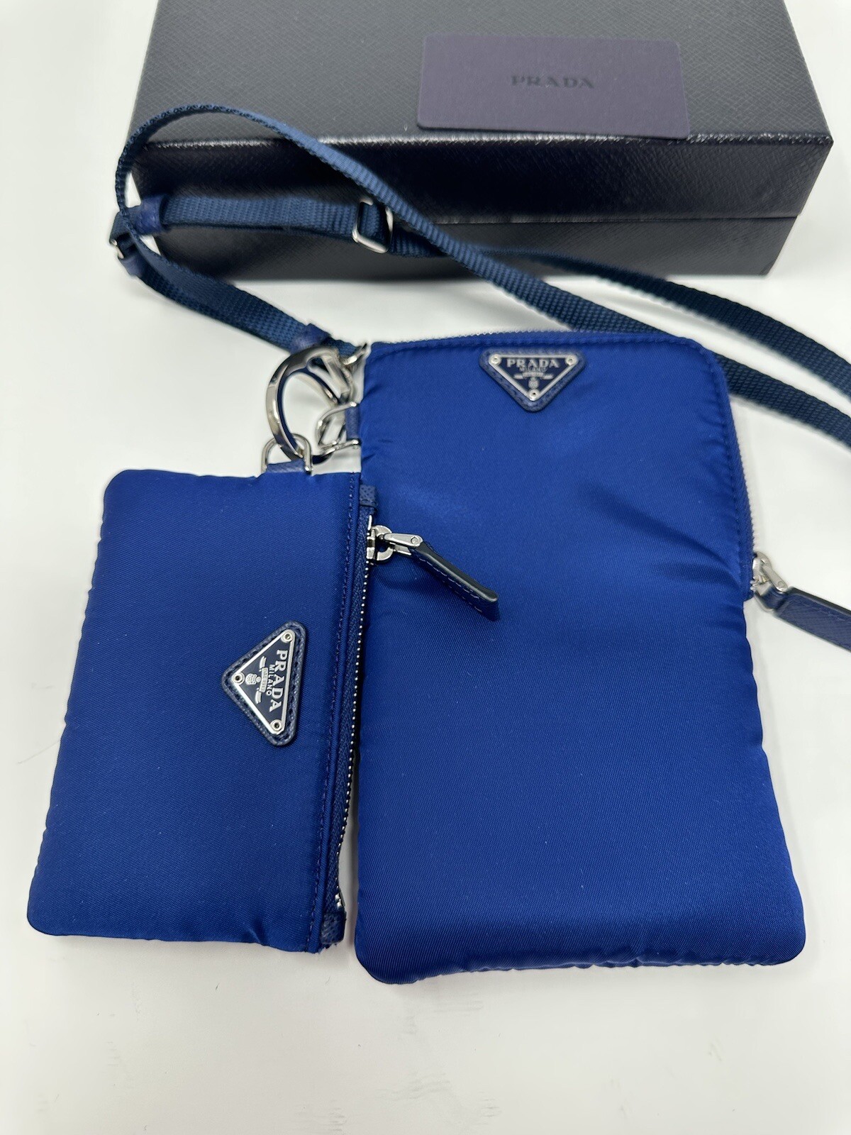 Authentic Prada Re Nylon Cellphone Case Lanyard 2 Pouch Blue Tessuto NIB