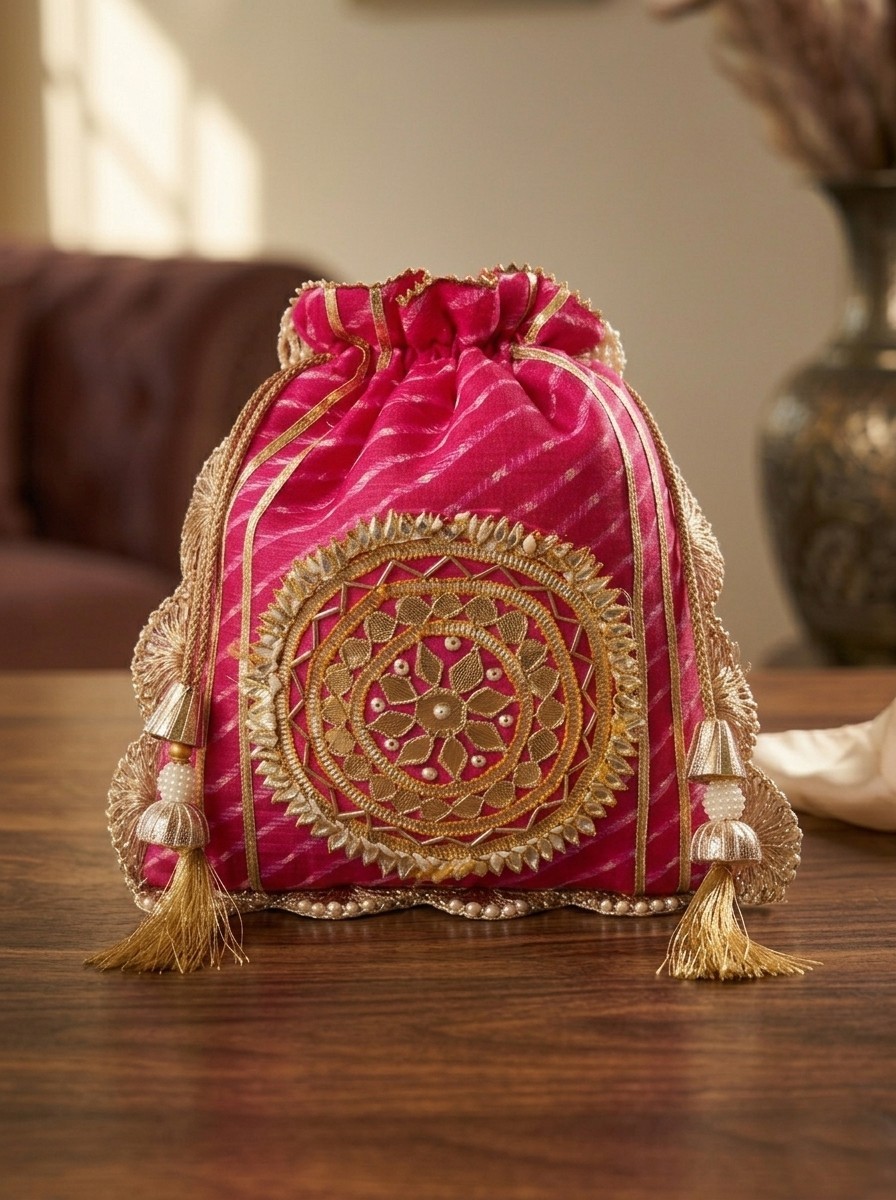Indian Leheriya Gotta Handwork Flower with Pearl Lace and Handle Party Potli Bag