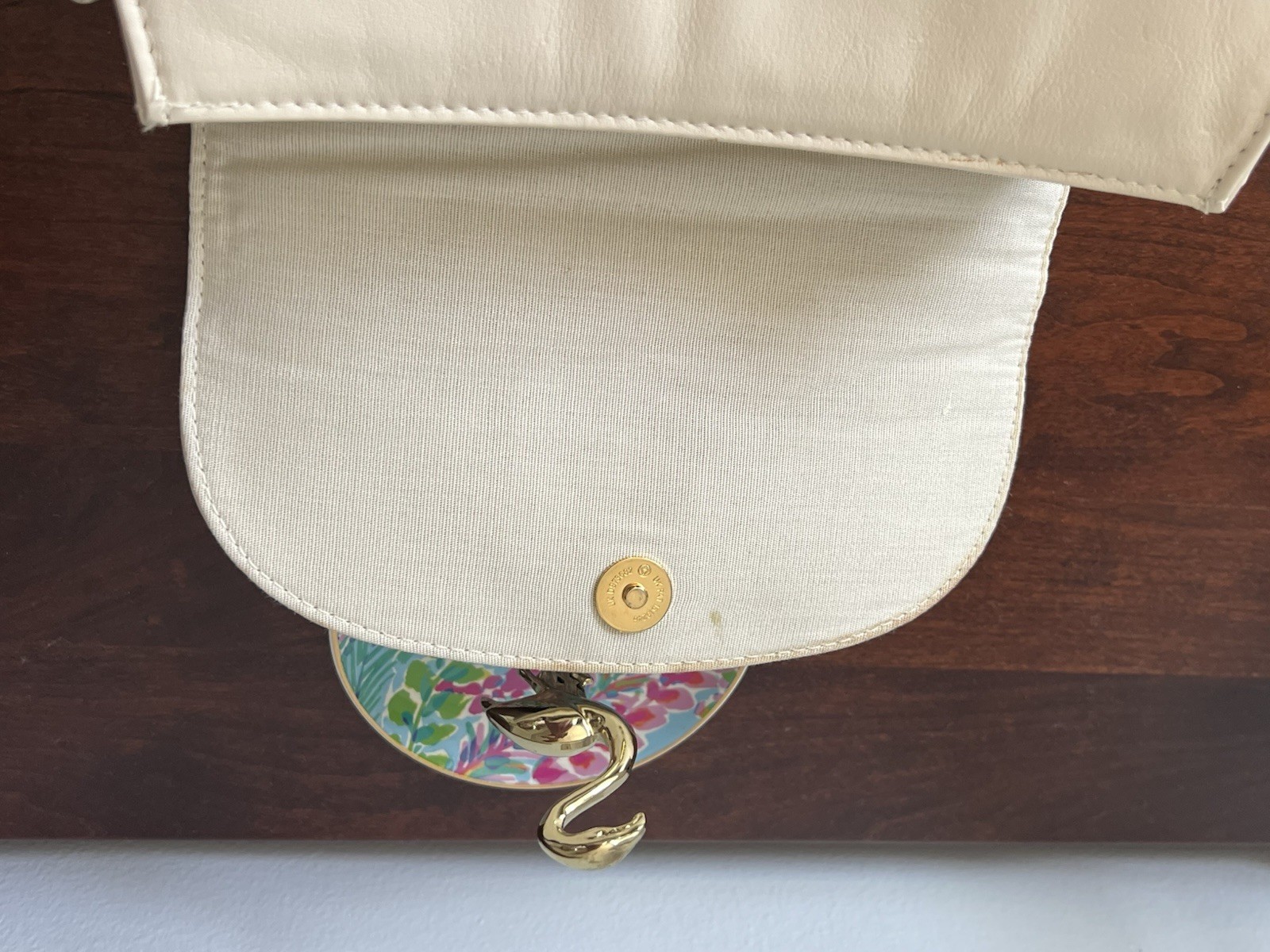 Etienne Aigner Leather Ivory Handbag with Crossbody Adustable Strap Gold Accents
