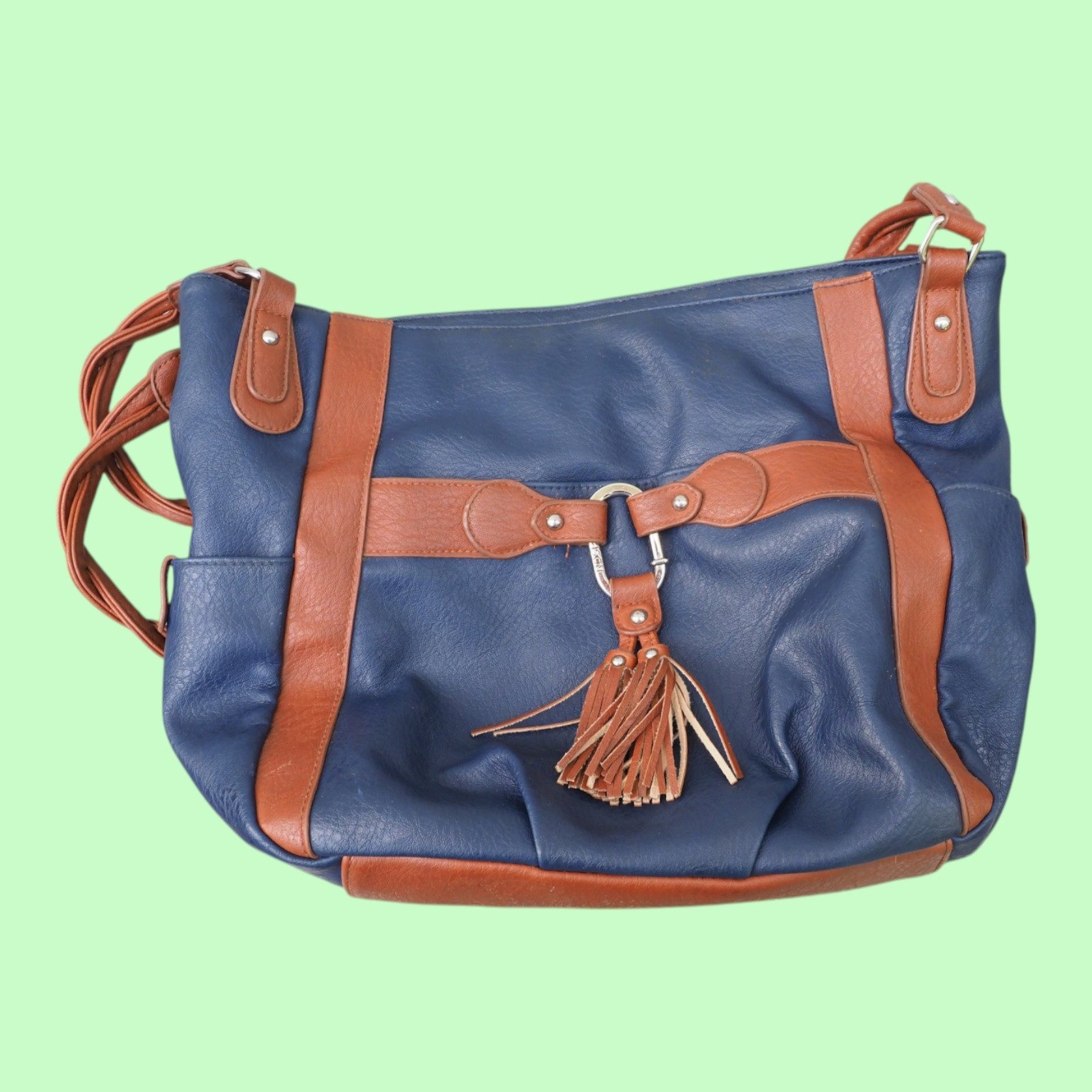 Rosetti Navy Blue Faux Leather Hobo Shoulder Bag Cognac Brown Trim Tassel Accent