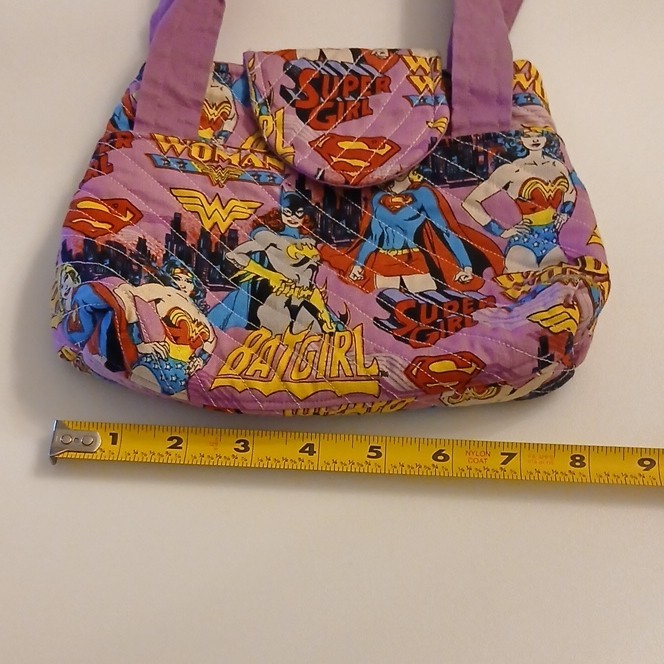DC Comics Wonder Woman Batgirl Supergirl Tote, Quilted Lined, Purple Strap