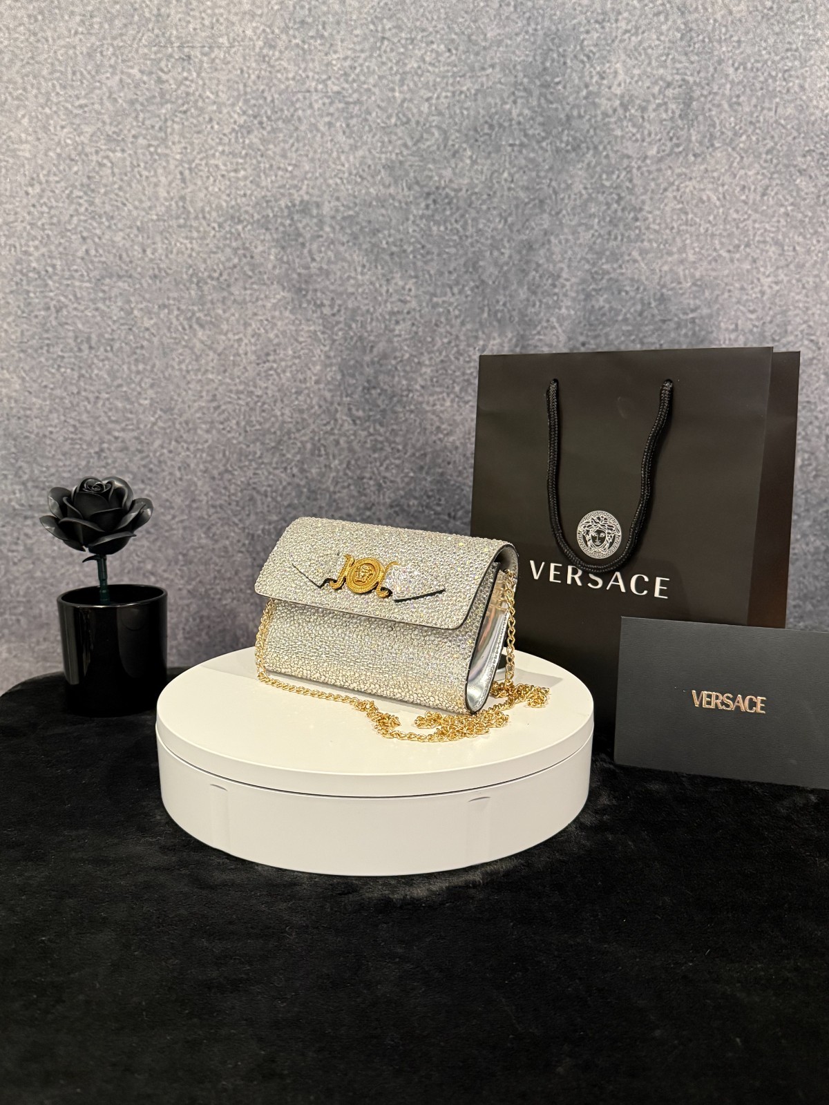 Authentic Versace La Medusa Crystal Mini Bag in silver with mixed metal hardware