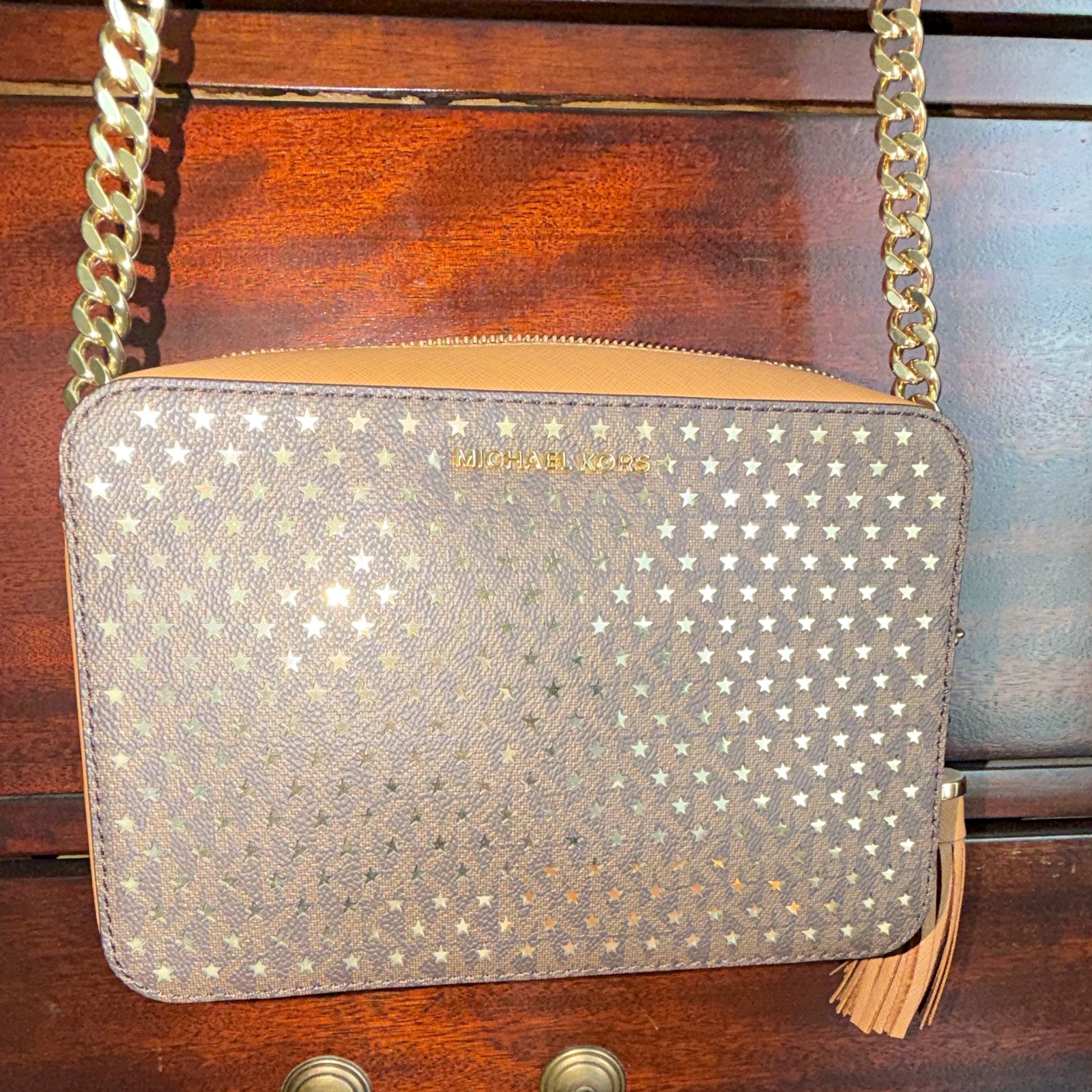 MK Brown Star Print Crossbody Bag Zip Gold Chain Strap Tassel 8.6”x6”