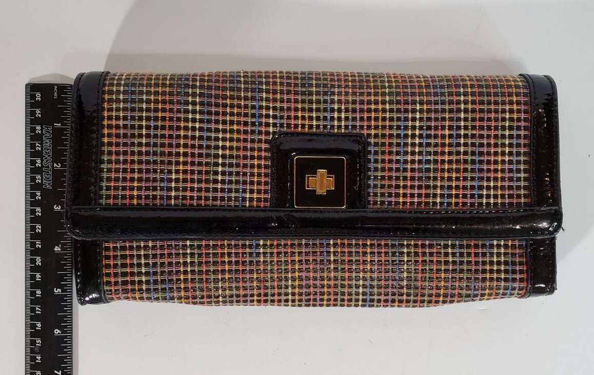 Sondra Roberts Clutch Handbag Purse Multicolor Rainbow Colors Black Trim 11×5