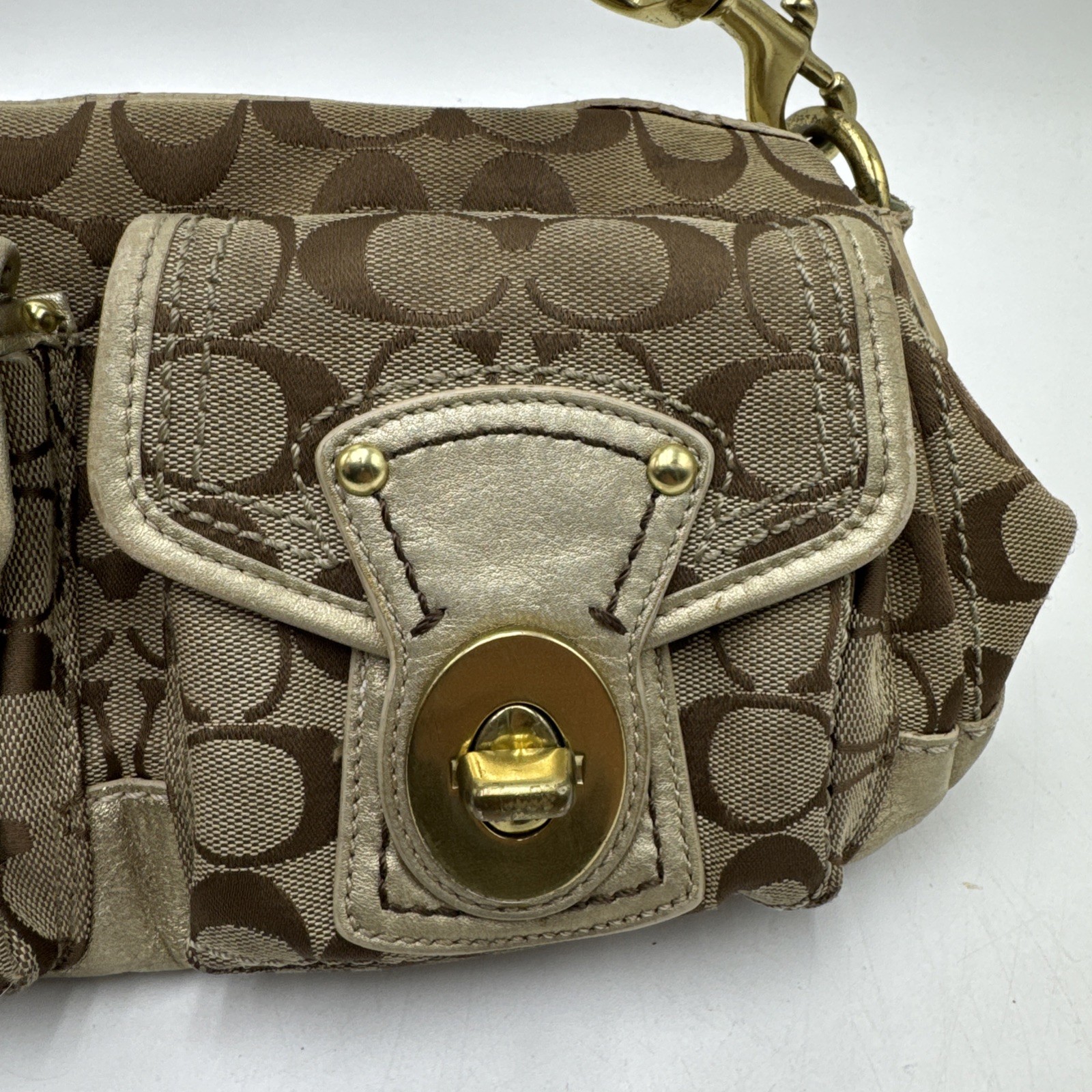 Coach Legacy Double Turnlock Tan Signature C Bag Metallic Gold Y2K # F12869