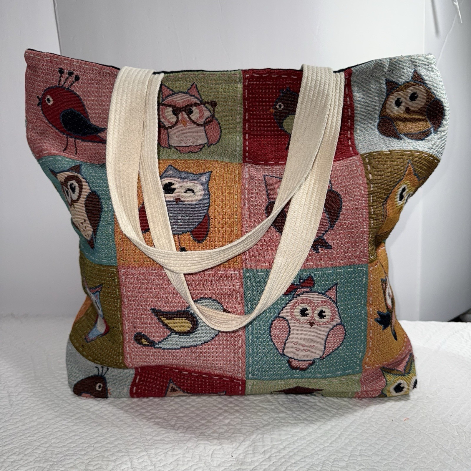 Owl And Birds Large Tote Bag, Patchwork, Stitched Colorful, Eco Friendly.