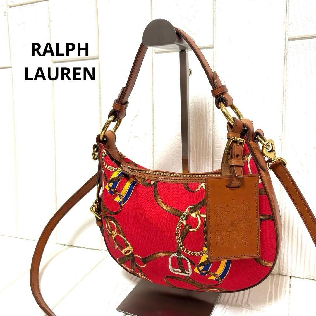 Ralph Lauren Horsebit Canvas Leather 2Way Shoulder Bag Charm Red Brown Gold
