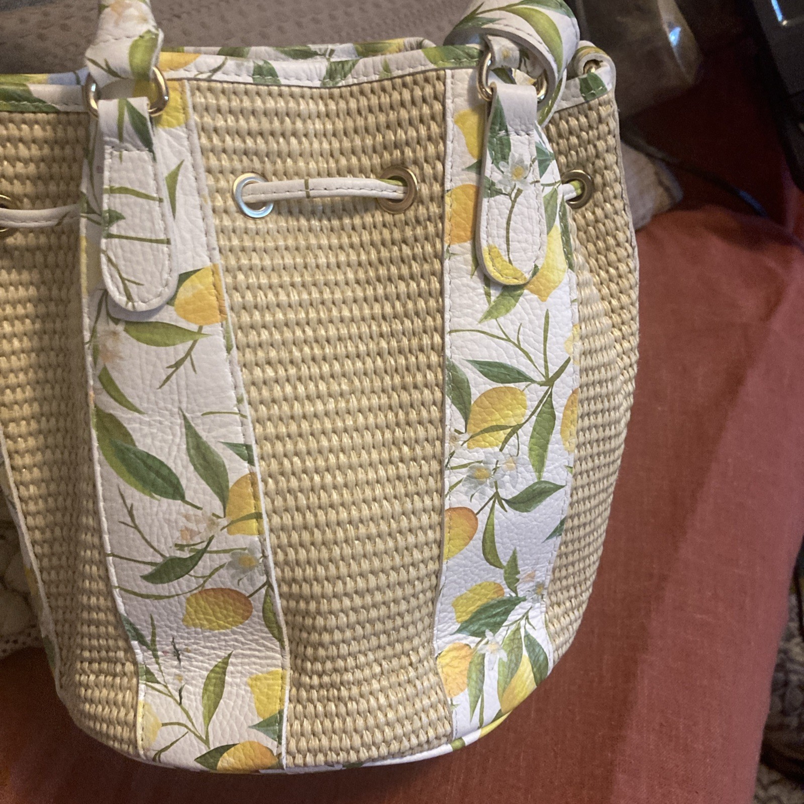 Valentina Genuine Leather Weave Bucket Lemon Print Handbag Made in Italy NWT B59