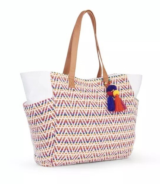 NEW No Boundaries Caroline Aztec Boho Chevron Woven Beach Tote Bag w/ Tassels