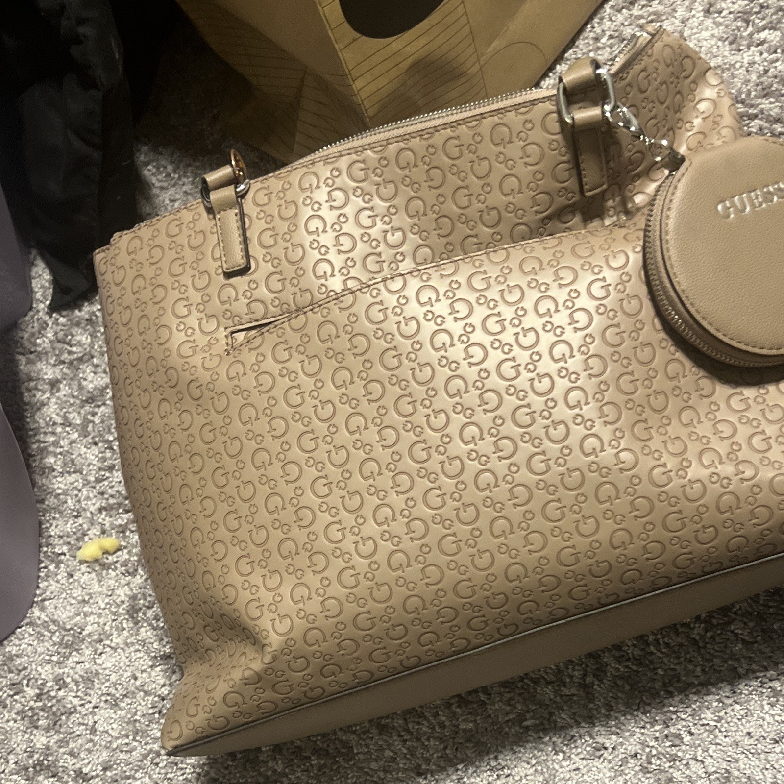 GUESS Beige Logo Zip Shoulder Bag w/ Coin Purse, Inner Pockets, Silver HW