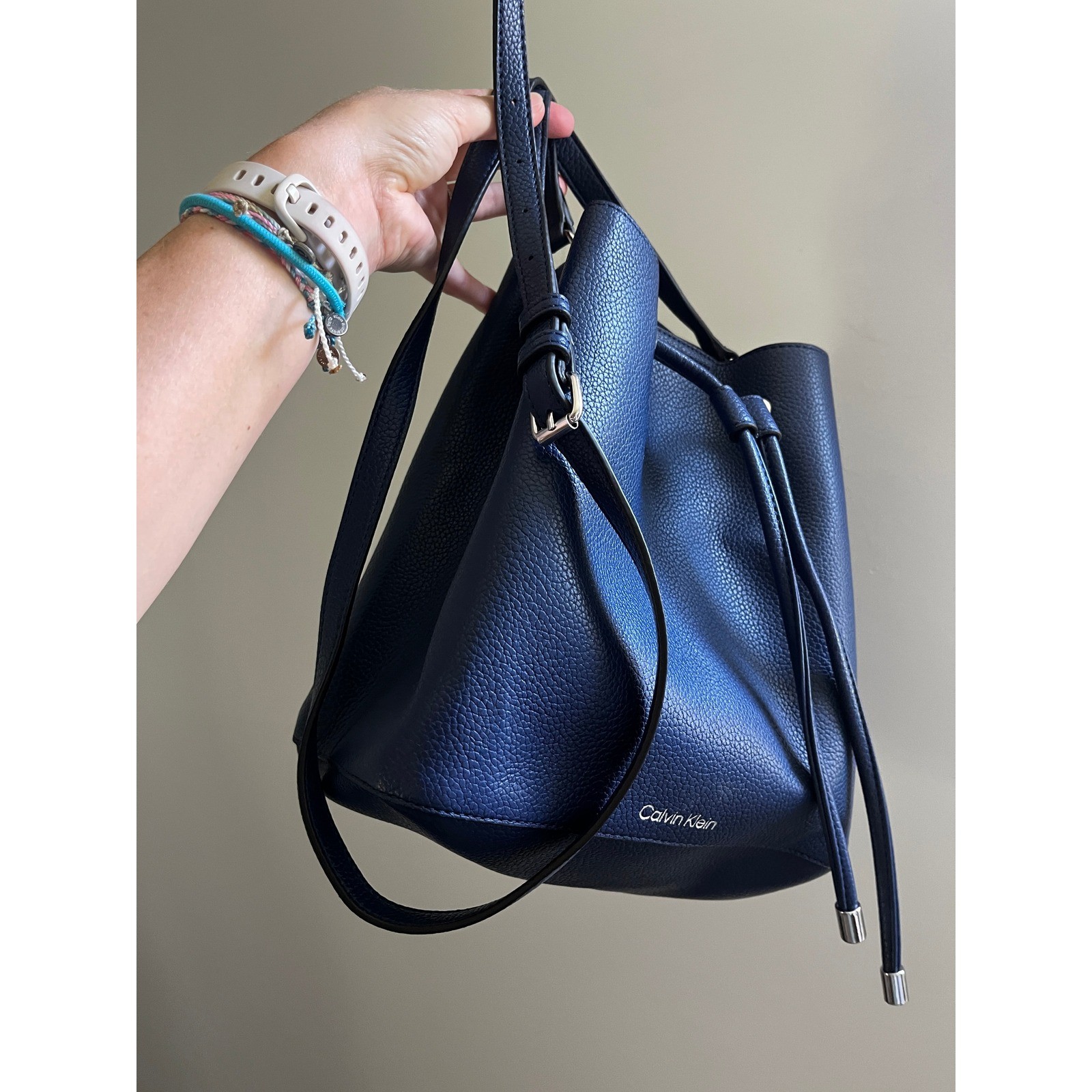 Calvin Klein Leather Bucket Bag Navy Blue Drawstring Everyday Chic Office Modern
