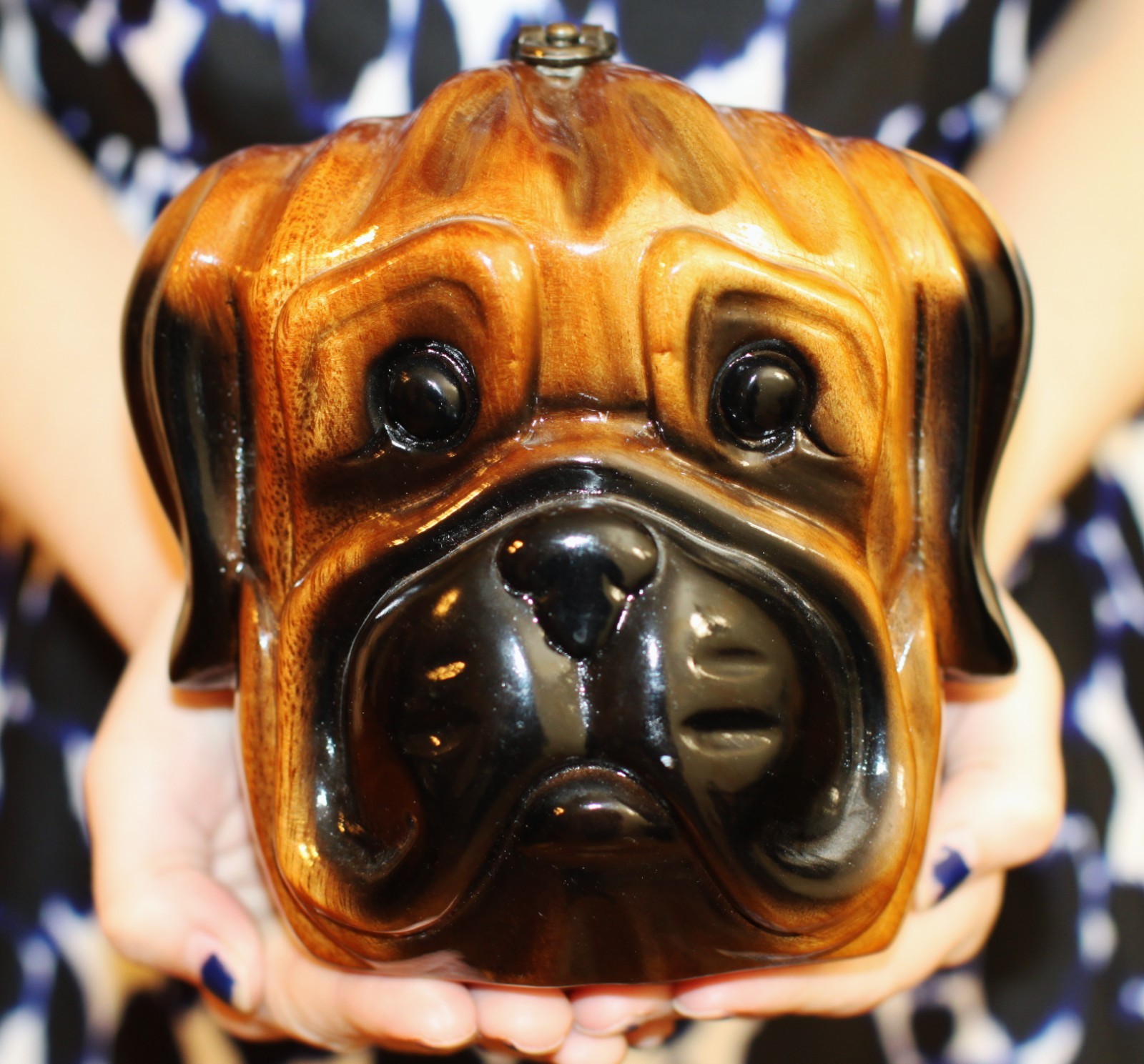 TIMMY WOODS BULLDOG BULL PUG DOG MINAUDIERE SHOULDER CLUTCH HAND CARVED CLUTCH