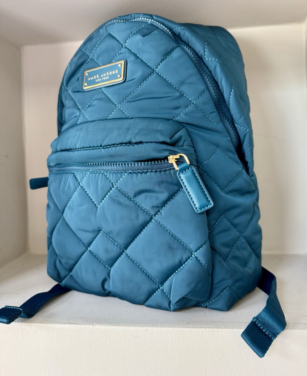 Marc Jacobs Crosby Quilted Nylon Backpack Teal Green Zip Pocket Adjustable New