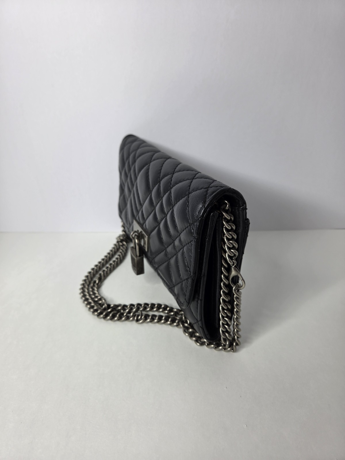 Kurt Geiger Black Quilted Chain Strap Padlock Accent Silver Hardware Women