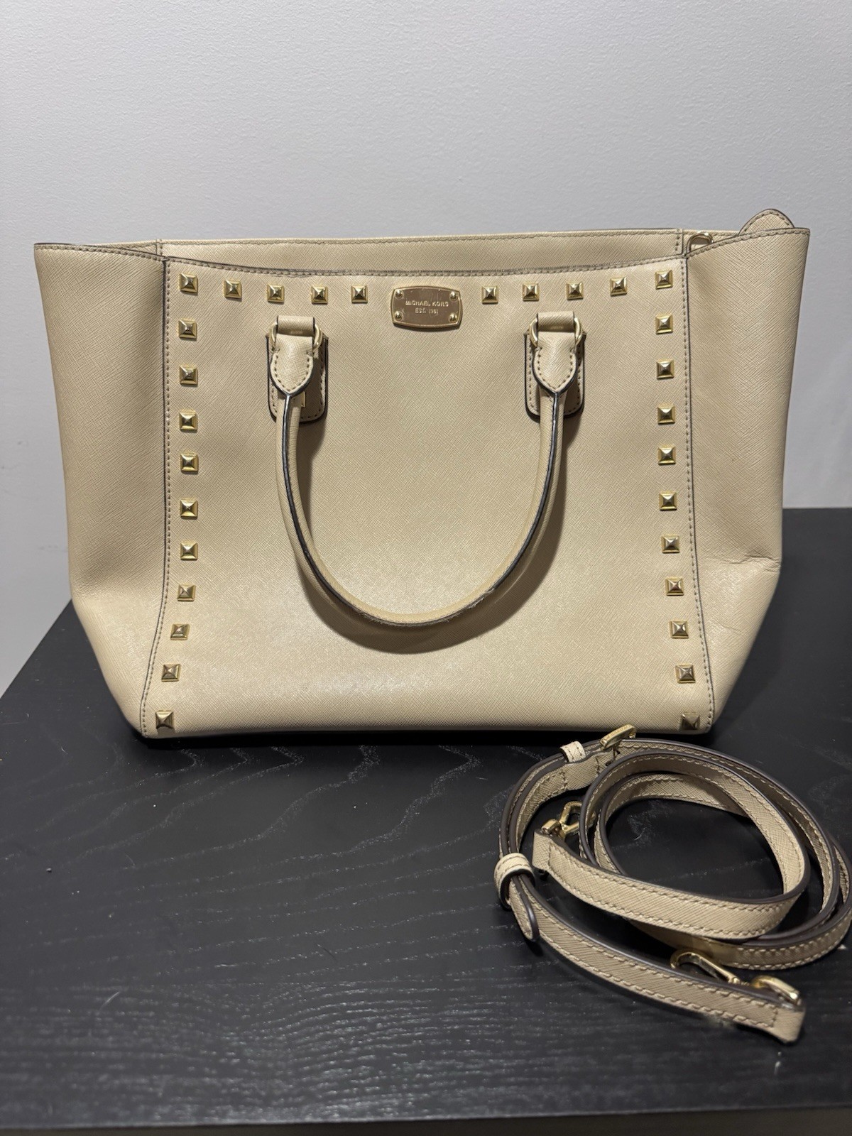 Michael Kors Beige Studded Medium Satchel Top Handle, Detachable Strap Zip