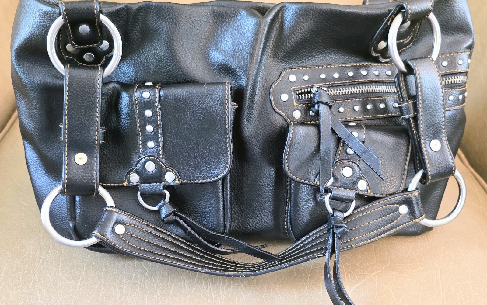 Unlisted Y2K Black Studded Moto Shoulder Bag Leather Multi Pocket Purse