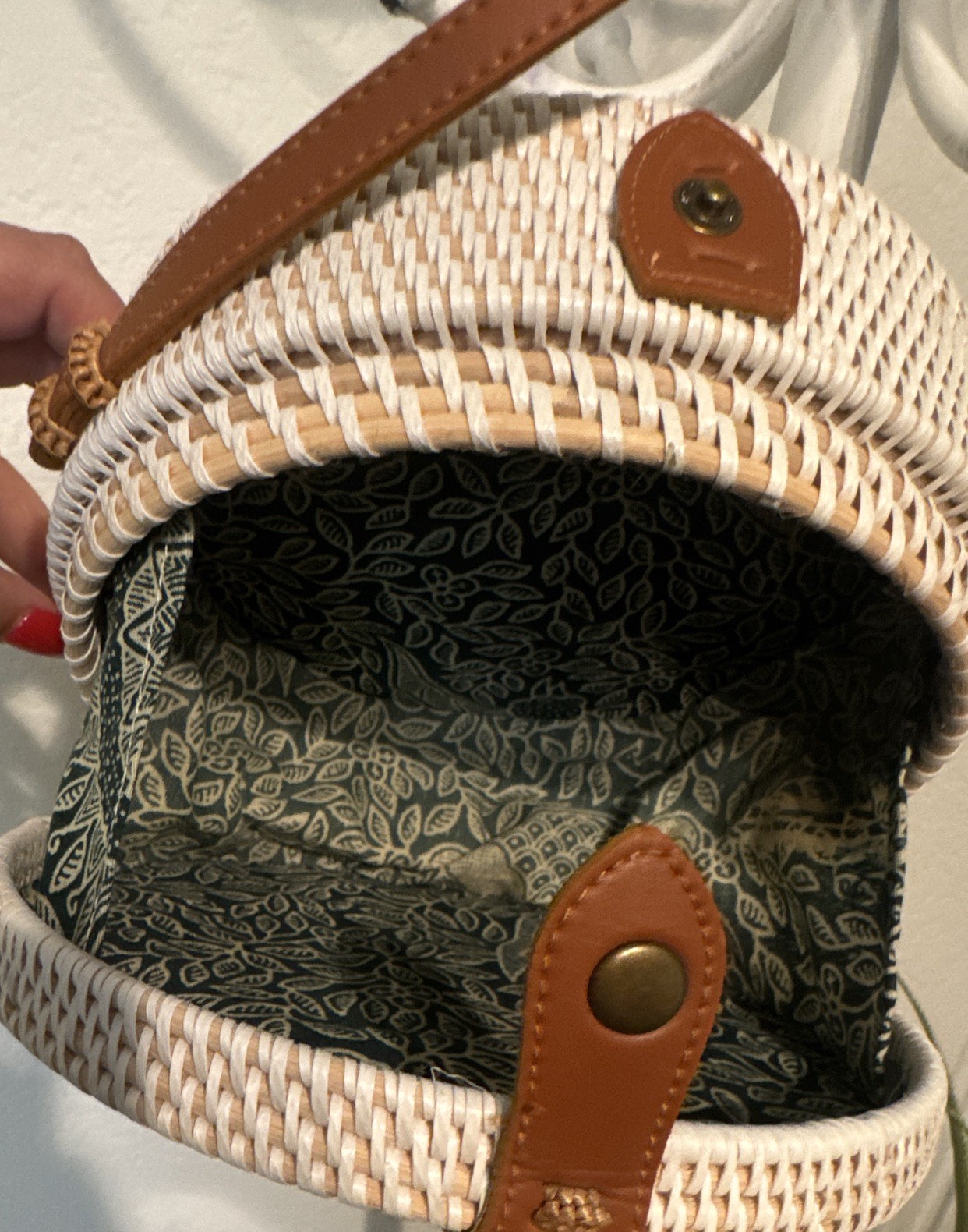 White Round Woven Crossbody Bag Brown Leather Strap Snap Closure Gold Hardware