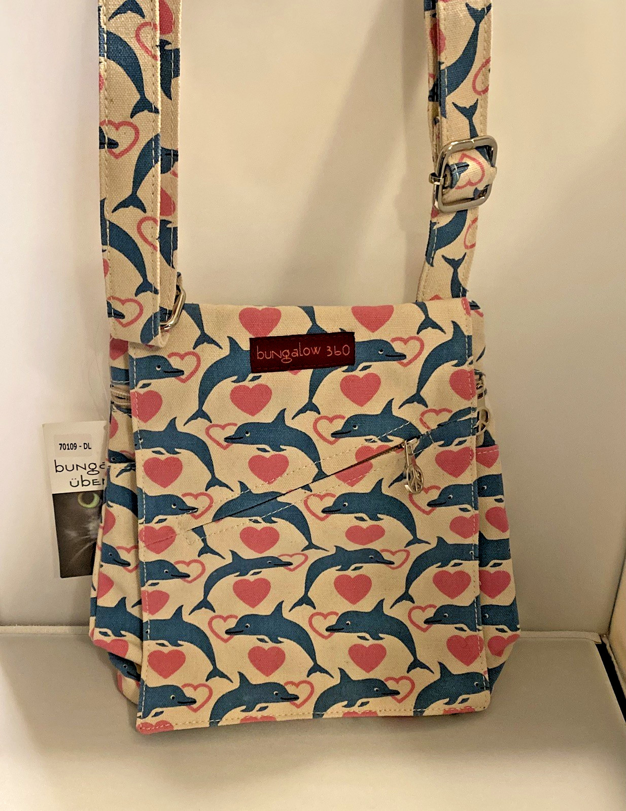 Bungalow 360 Crossbody Purse Shoulder Bag Blue Dolphin Pink Heart Canvas NWT