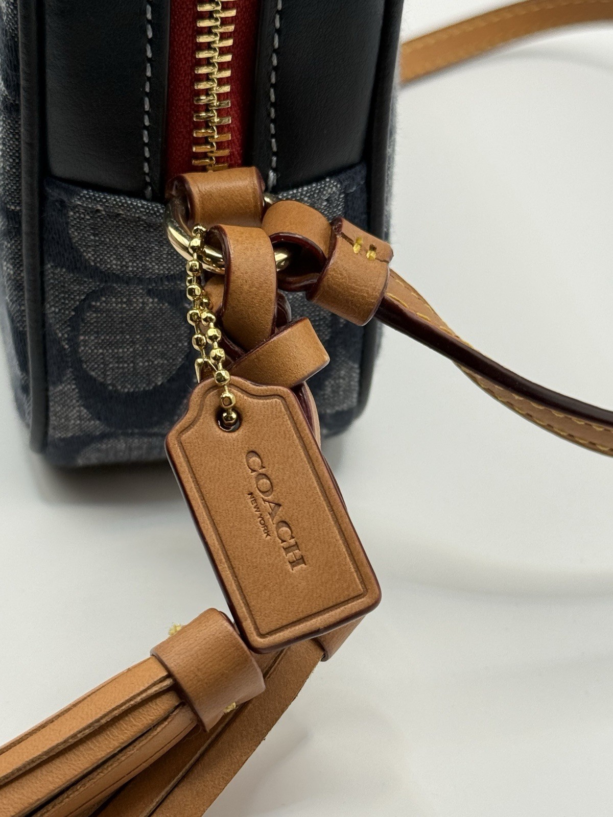 Coach Signature Camera Bag Denim Jacquard Canvas Leather Crossbody Pre-Owned