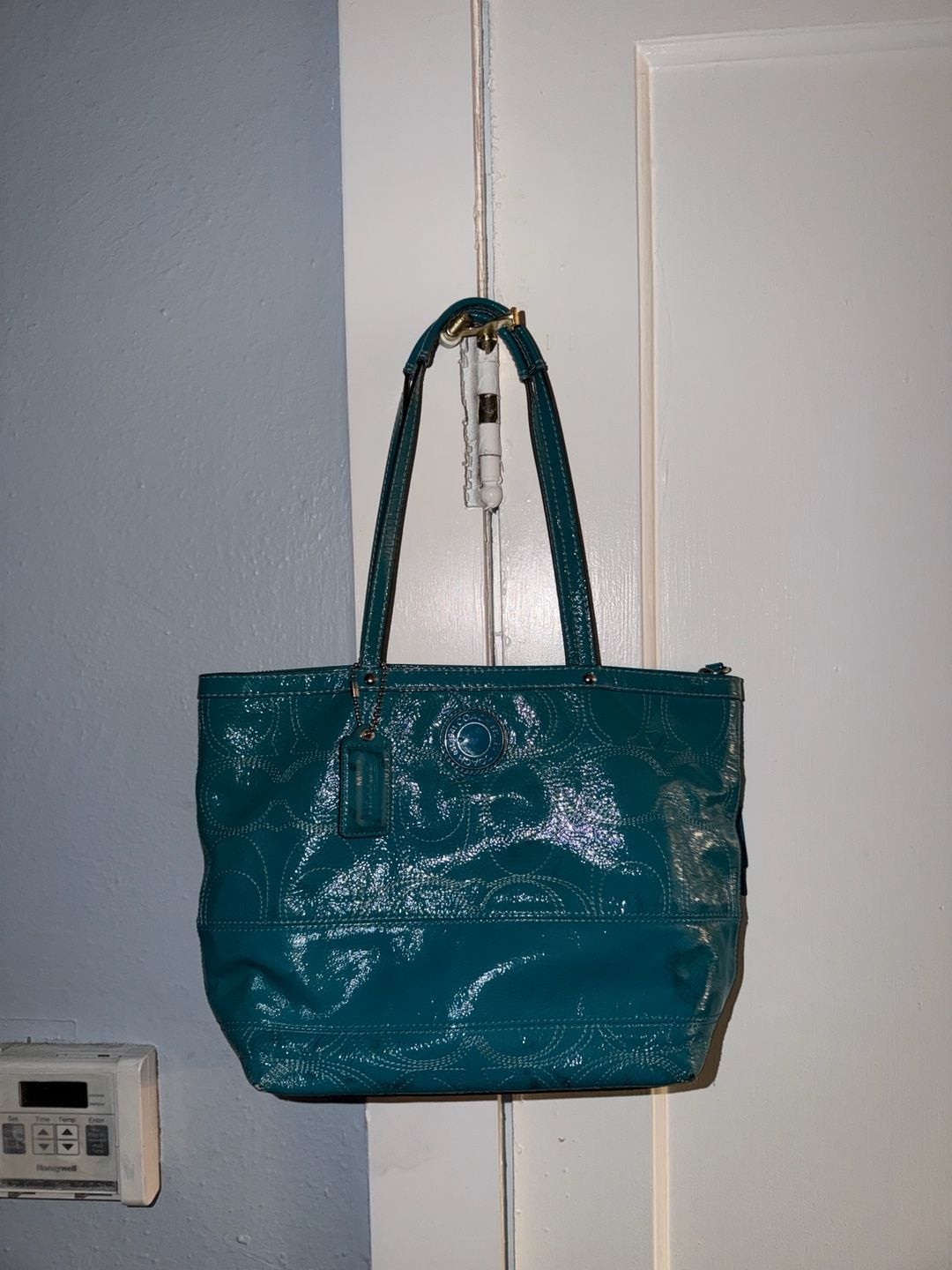 Coach Signature Gallery Stitched Patent Leather Tote Bag Teal F19198