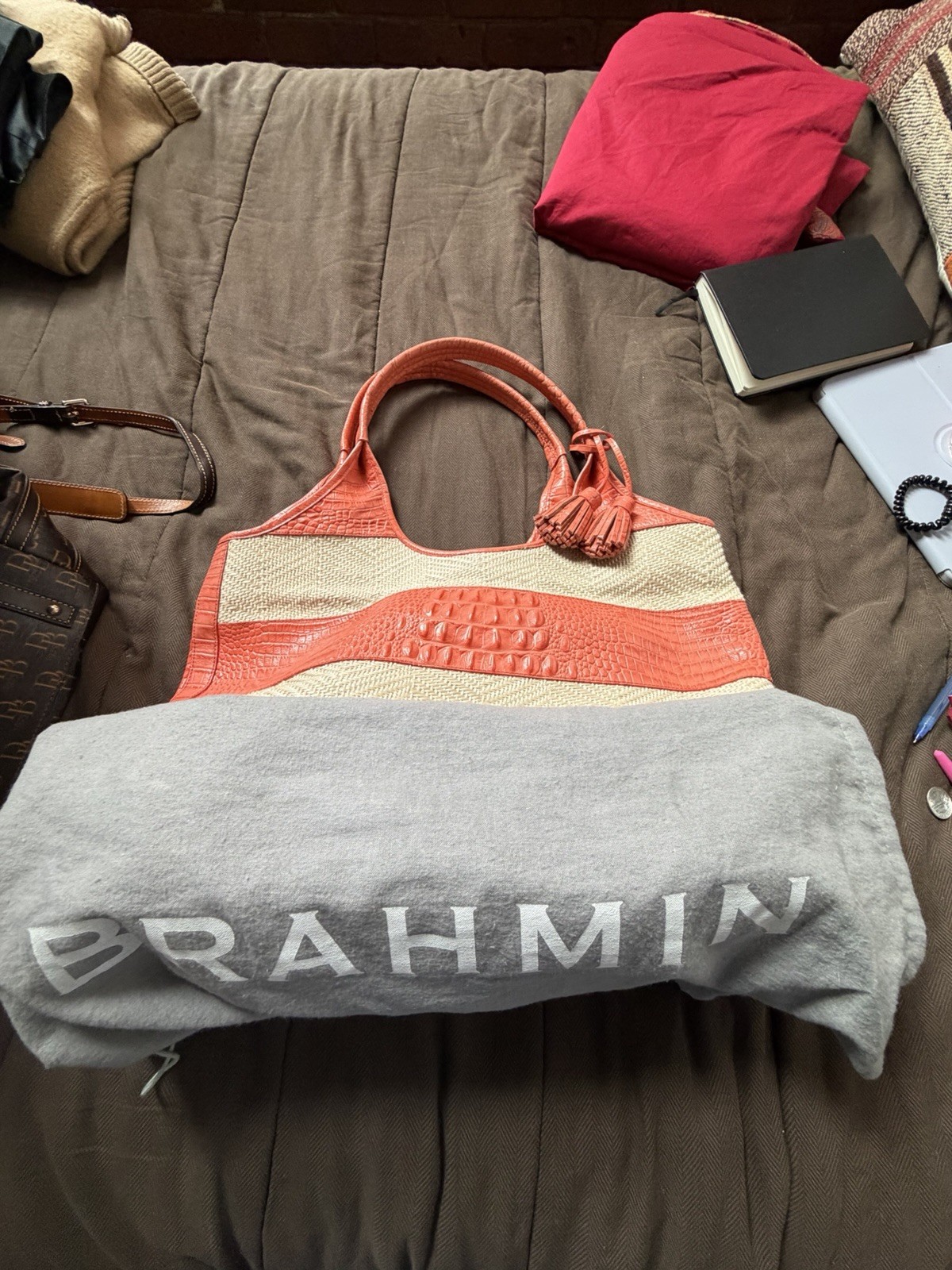 Original Brahmin Orang/Tan Large Tote Amazing Condition with Dust Bag