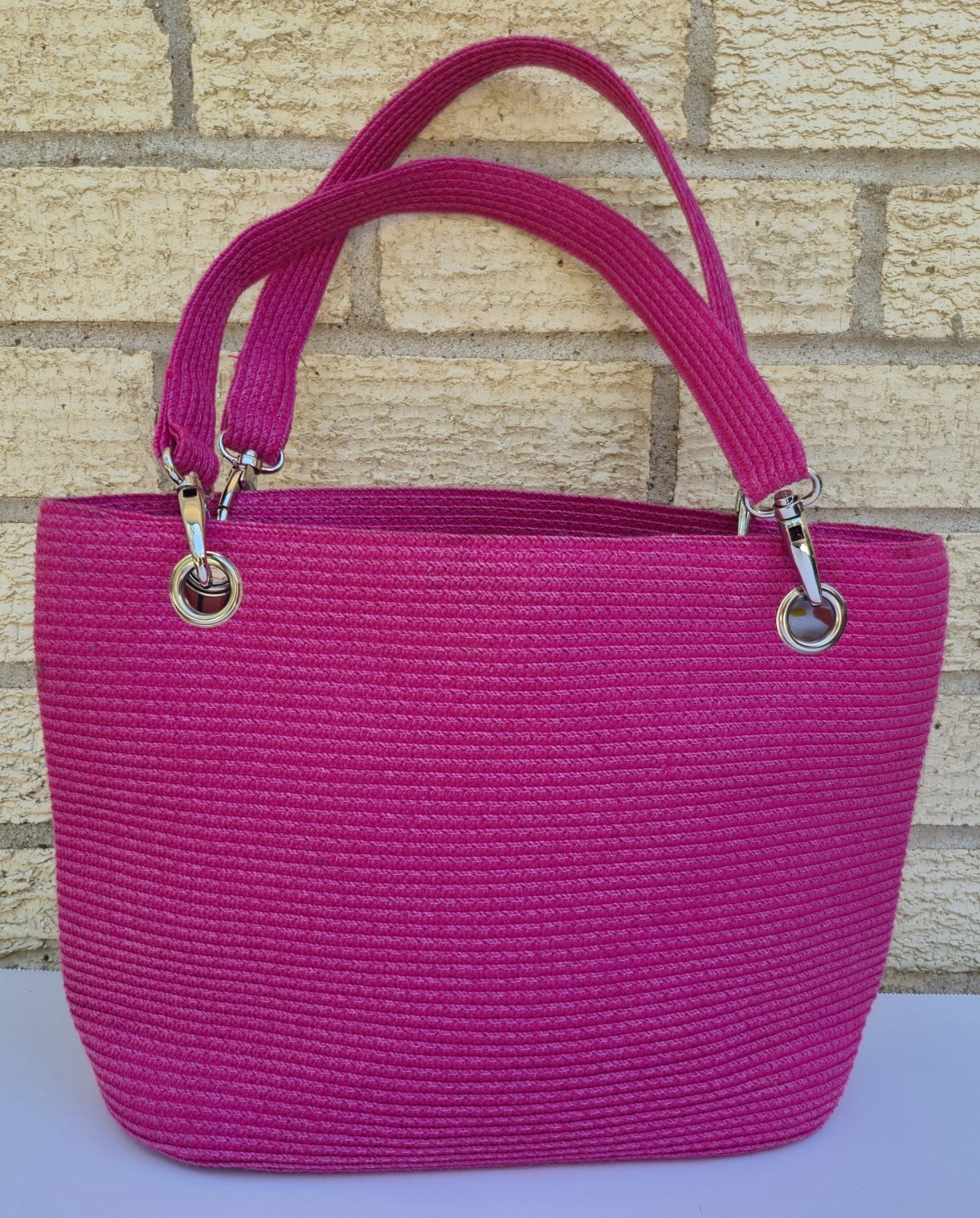 Large Pink Woven Paper Straw Shoulder Bag Tote Statement Beach Chic Playful