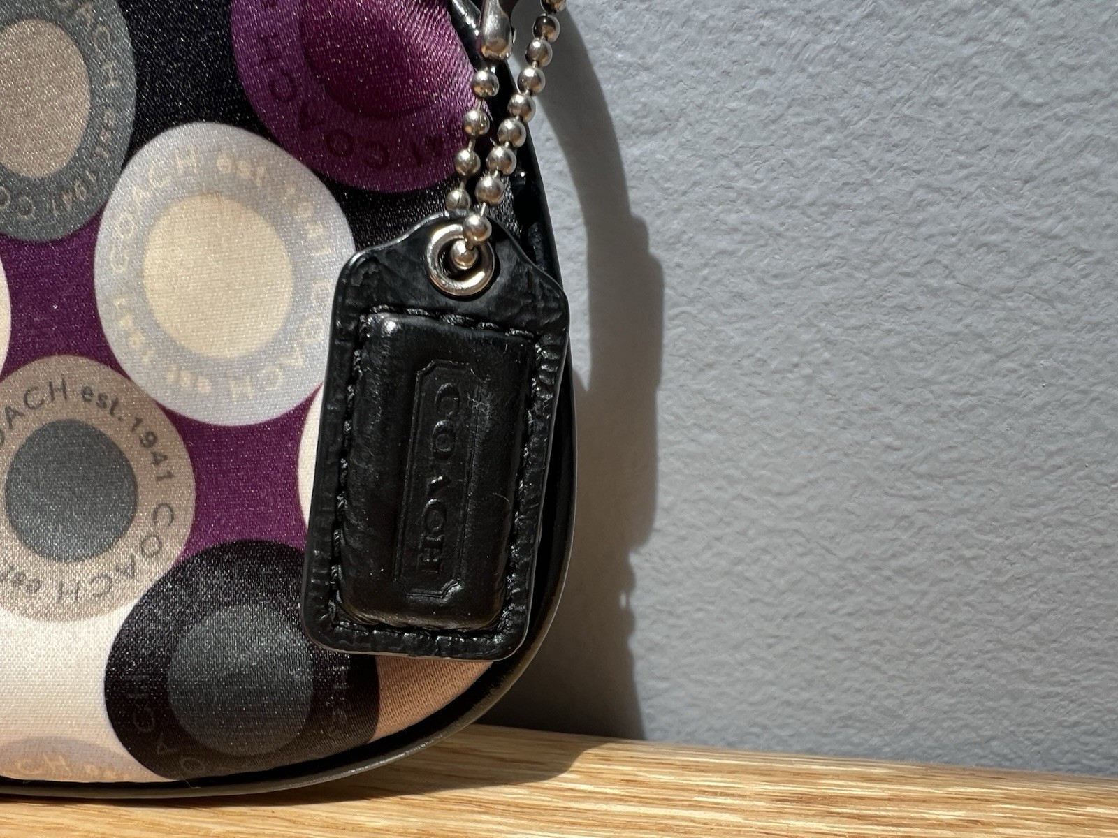 Coach Purple Black Ivory Silk Satin Circle Print Wristlet Clutch Coin Purse