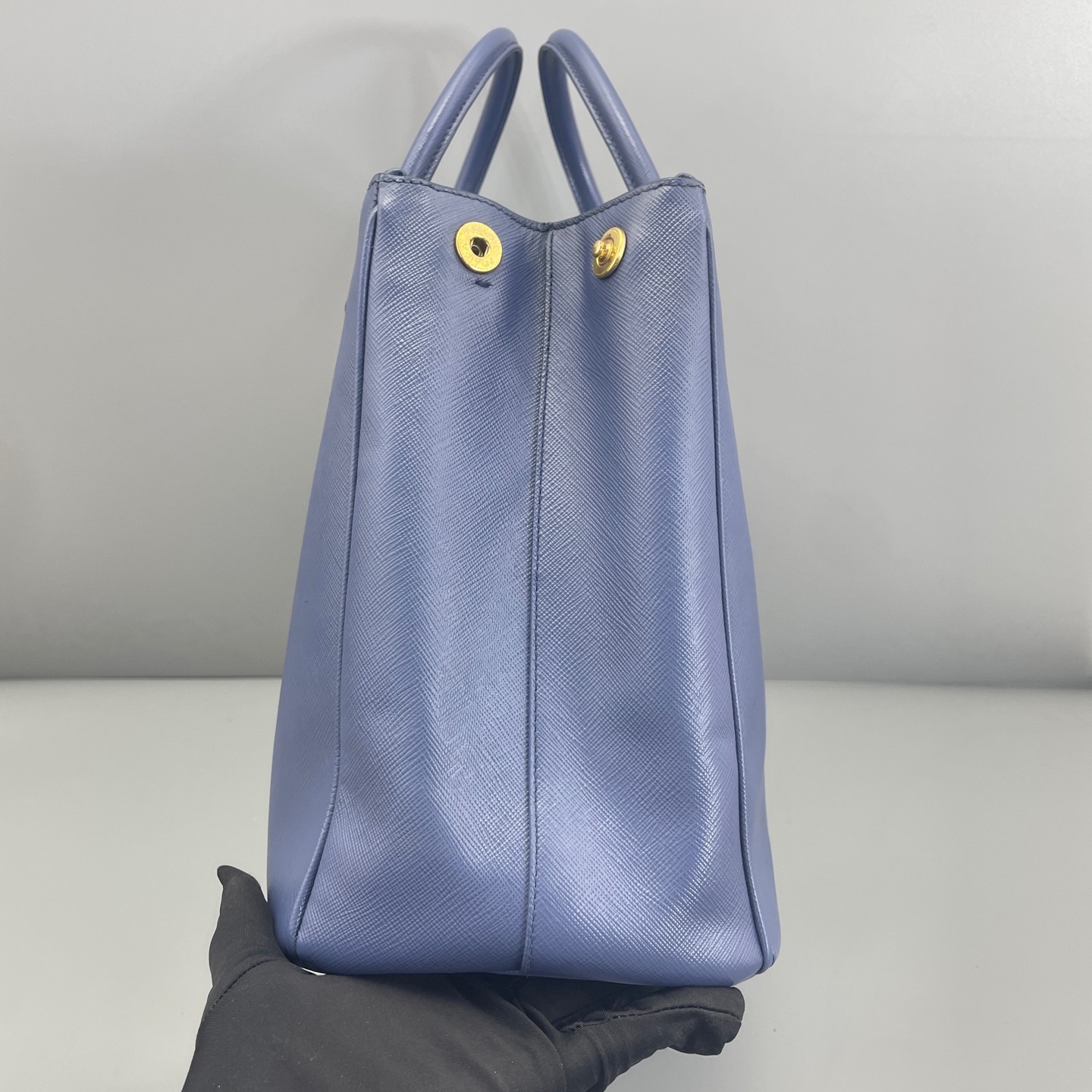 AUTH PRADA Galleria Saffiano Leather Large Blue Top Handle Tote Bag.