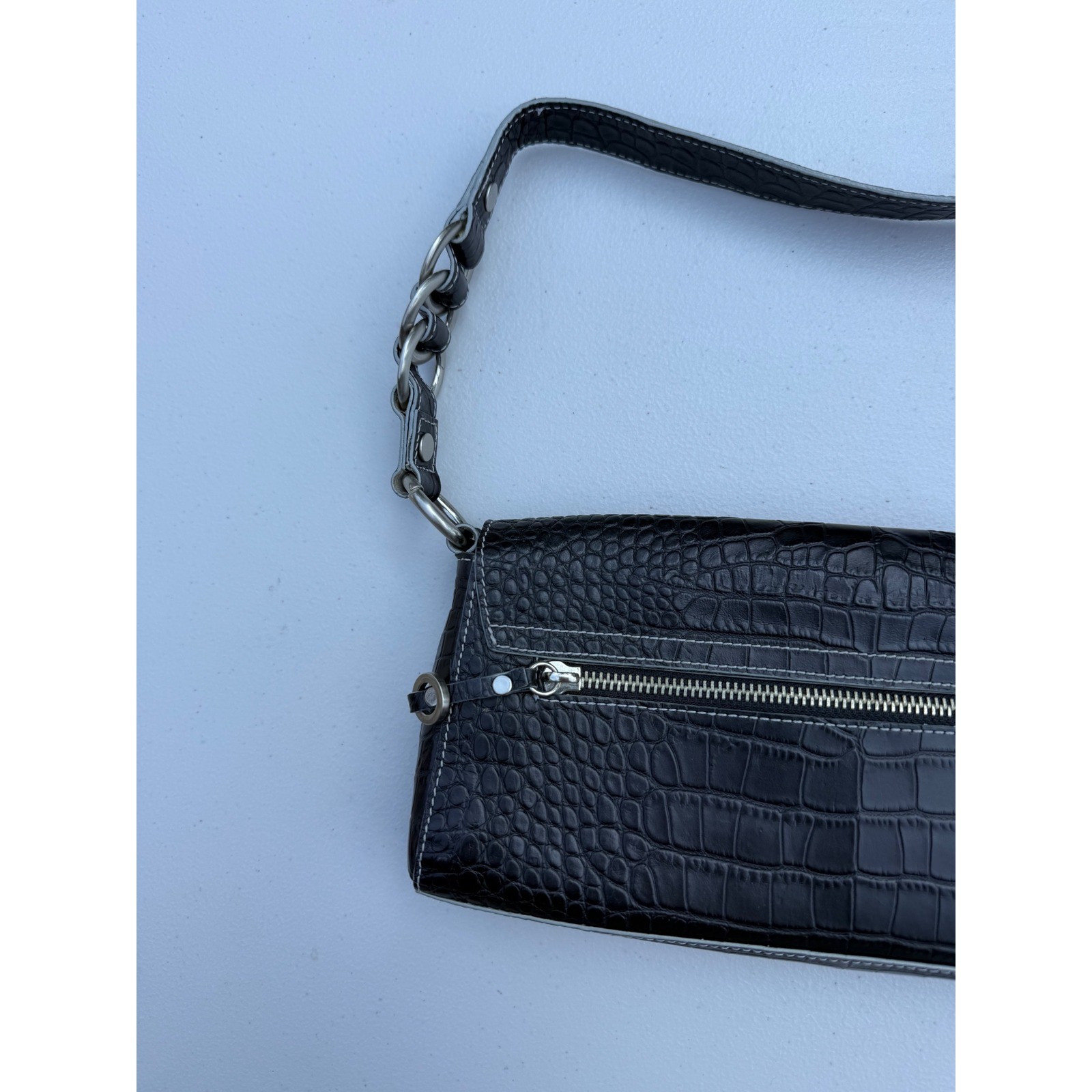 Charles David Shoulder Bag Croc Embossed Black Silver Hardware Chain Handle