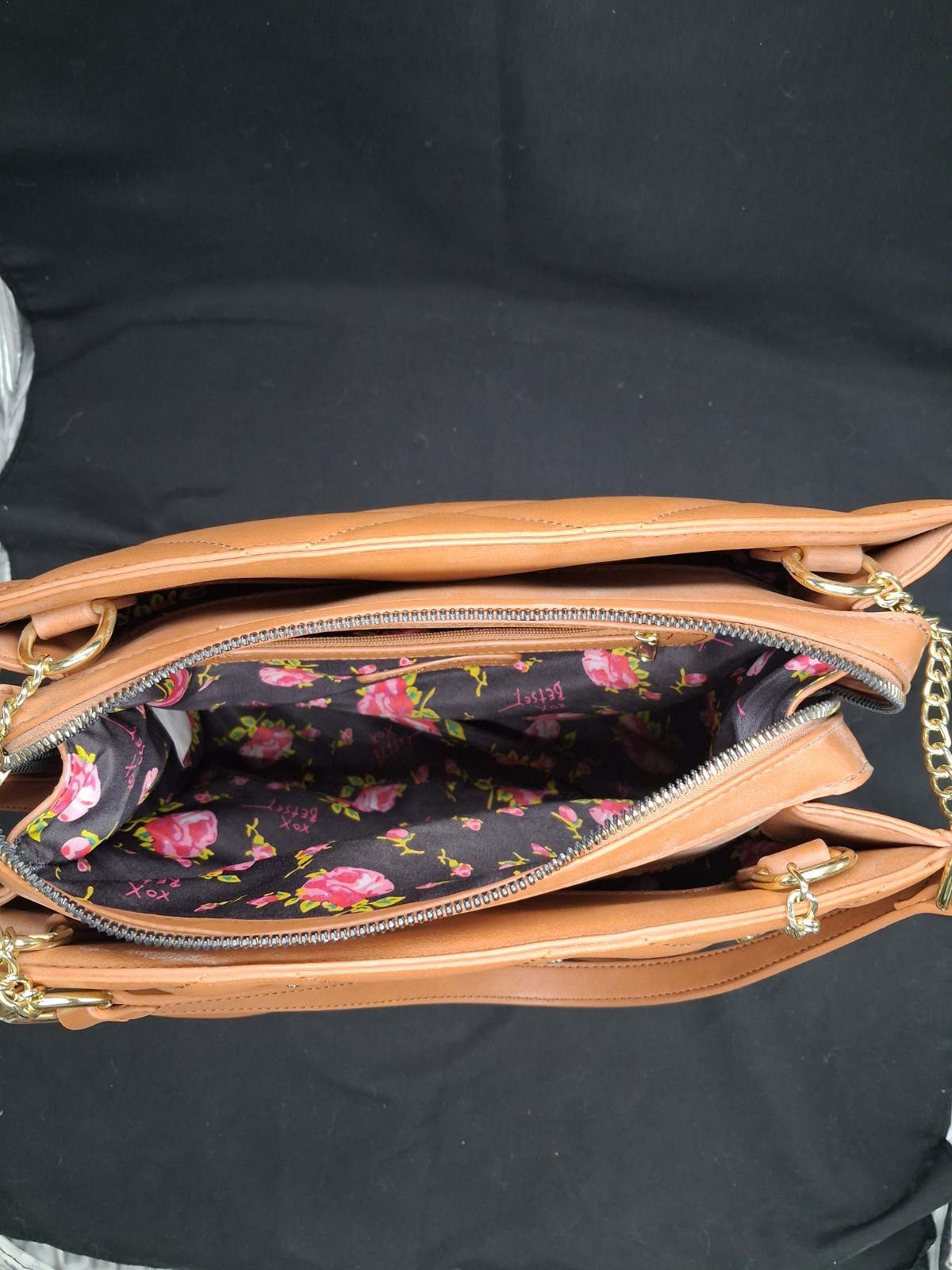 Betsey Johnson Brown Quilted Heart Studded Shoulder Bag, Zip, Floral Lining