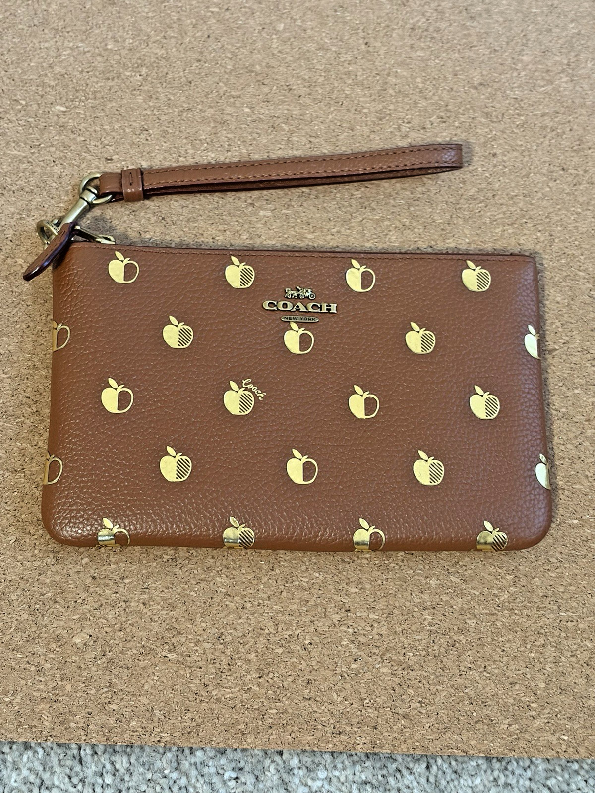 Coach Charlie Pouch Wristlet Pebble Leather Golden Apples Brown Fits phone 7.5″