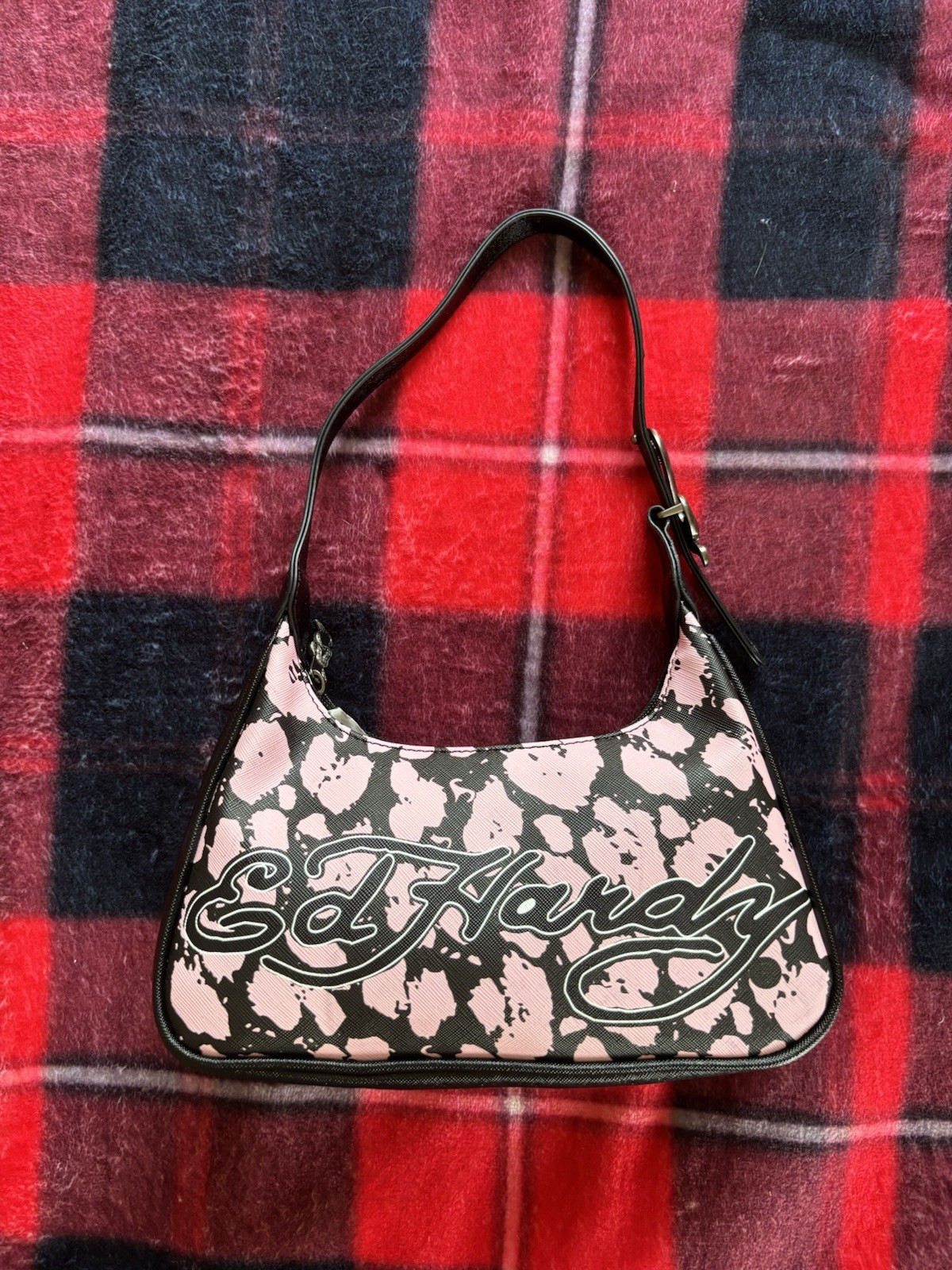Ed Hardy Black Pink Tiger Floral Print Small Shoulder Bag Zip Detachable Strap