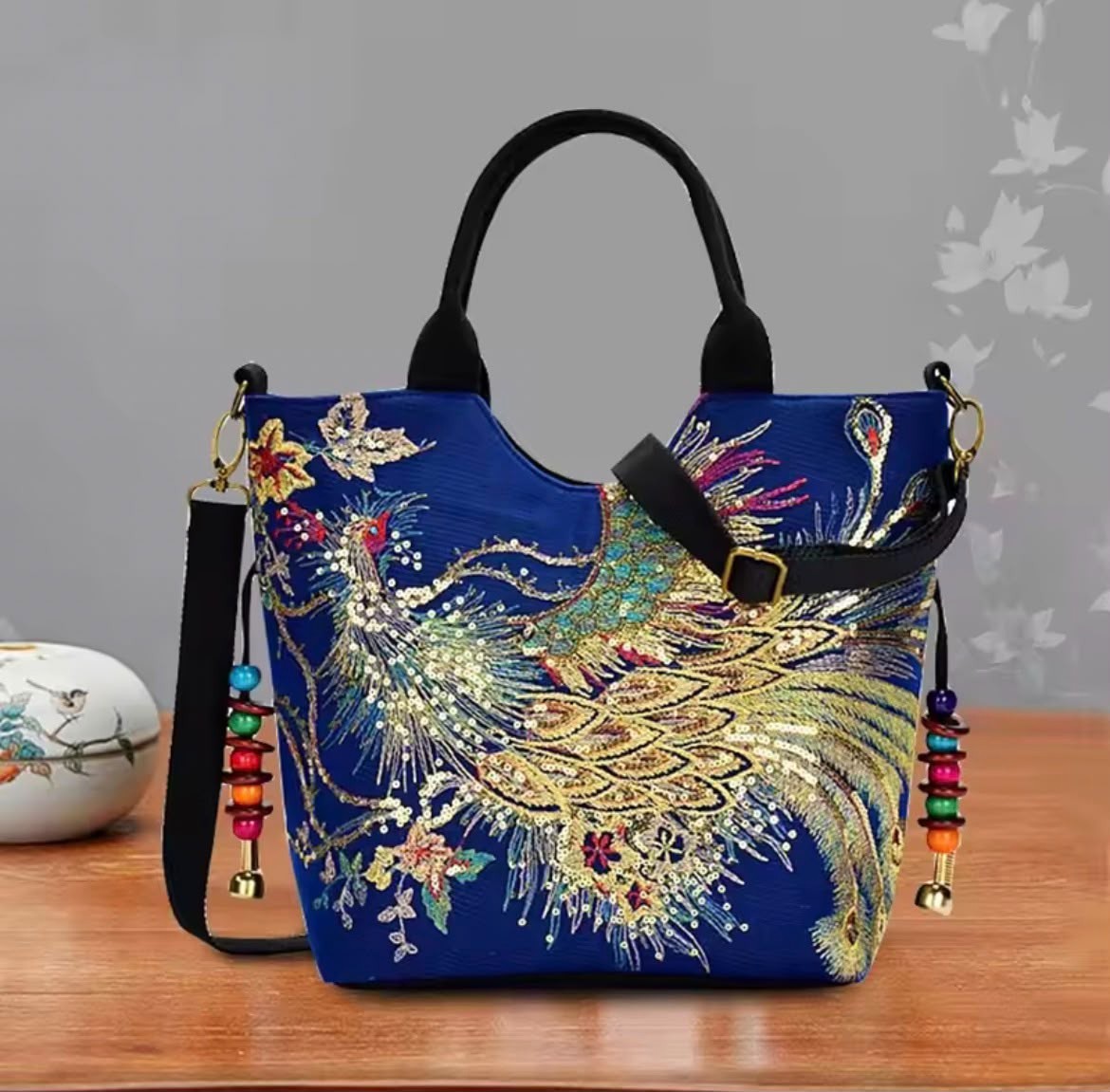 Ethnic Style Sequins Tote Bag, Peacock Embroidery Handbags, Vintage Canvas Cross