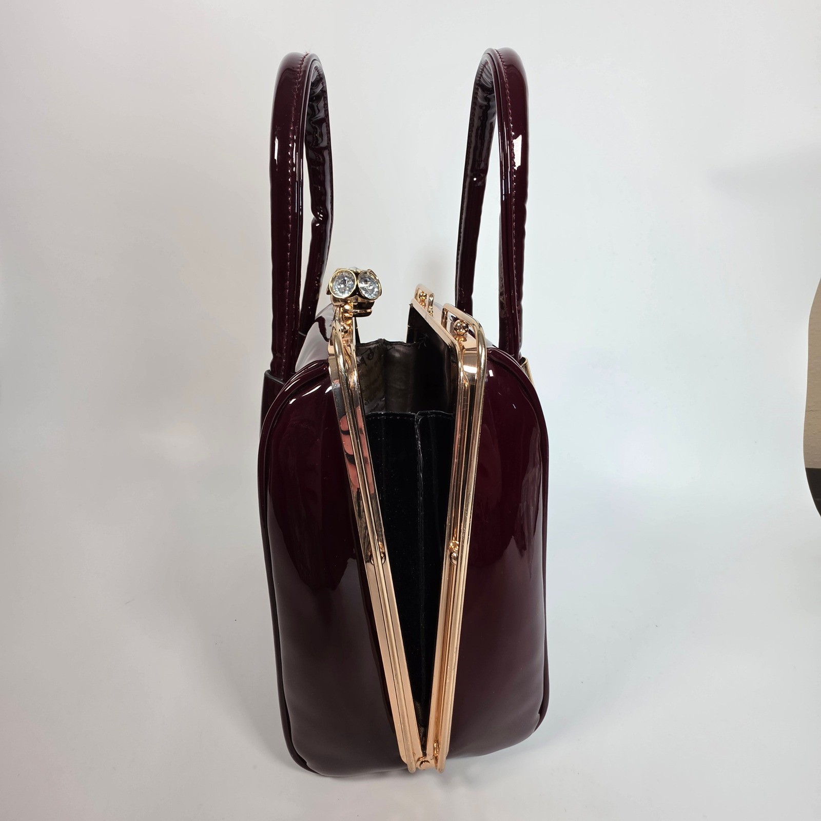 Patent Leather Evening Handbag Burgundy Hard Shell Medium Size Elegant Classy