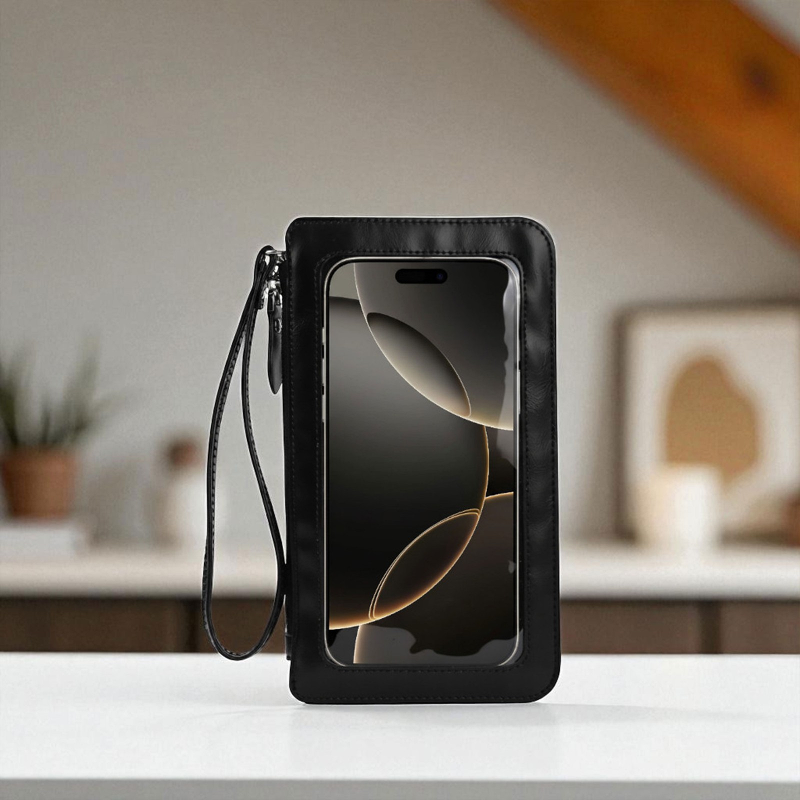 PU Leather Phone Crossbody Bag with Clear Touchscreen Pouch – Black