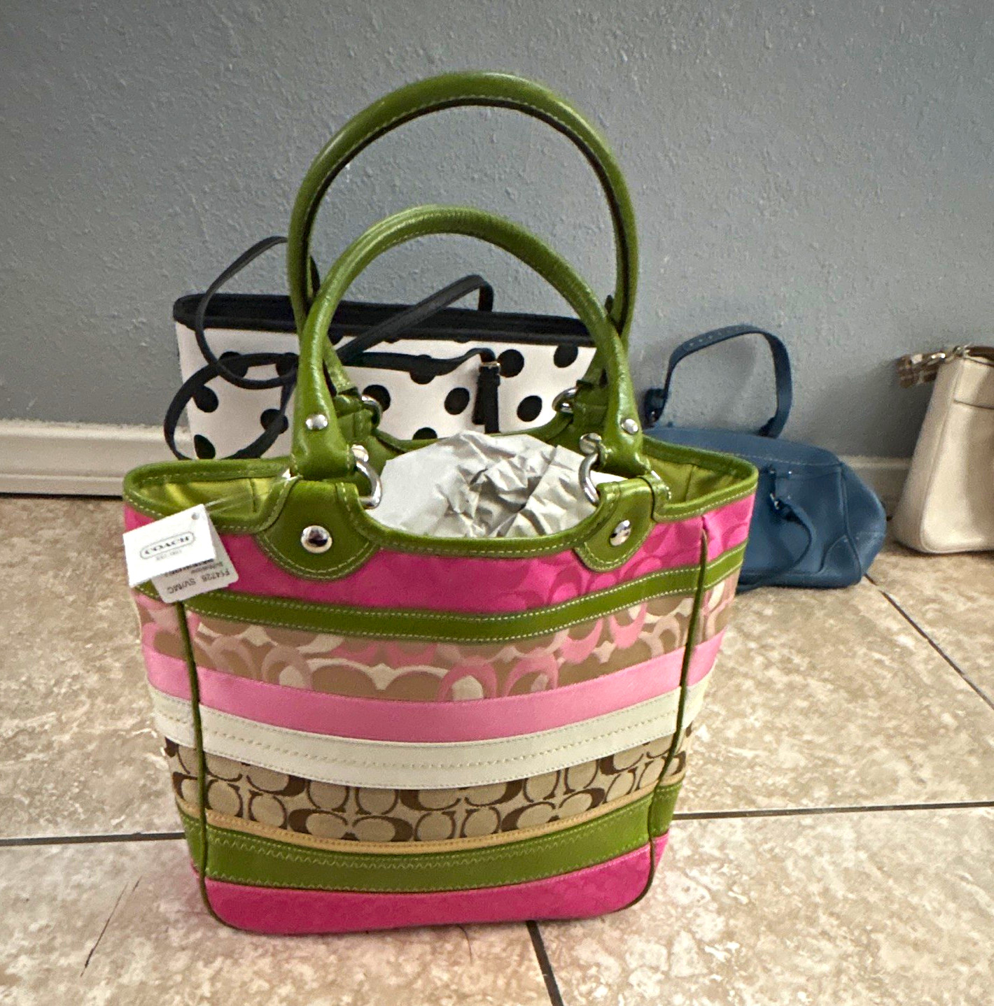 Coach Signature Logo Stripe Tote Bag Pink Green Beige Open Top Handles